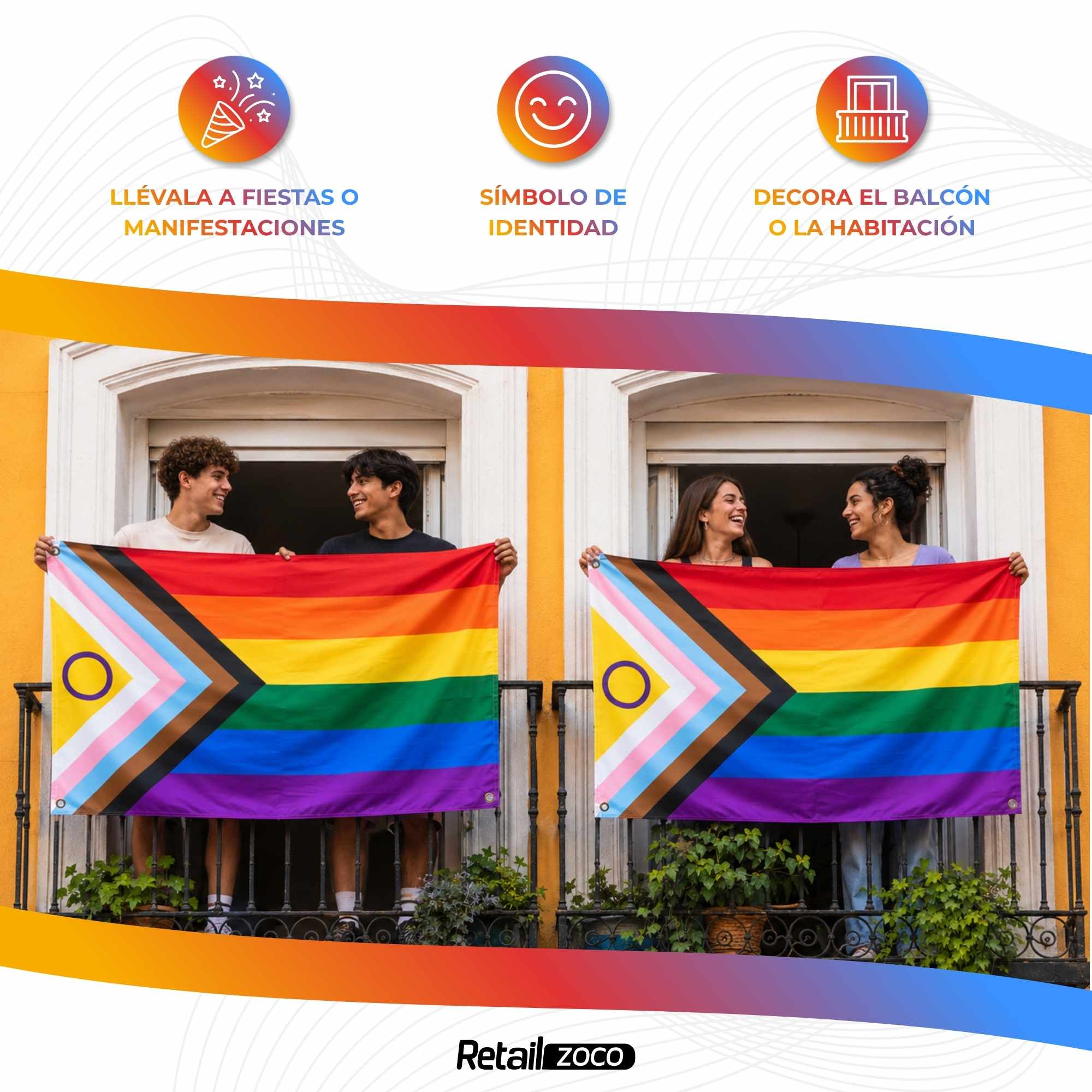 Bandera Progressive pride LGBTQ 90x150 cm con 4 ojales - imagen 5
