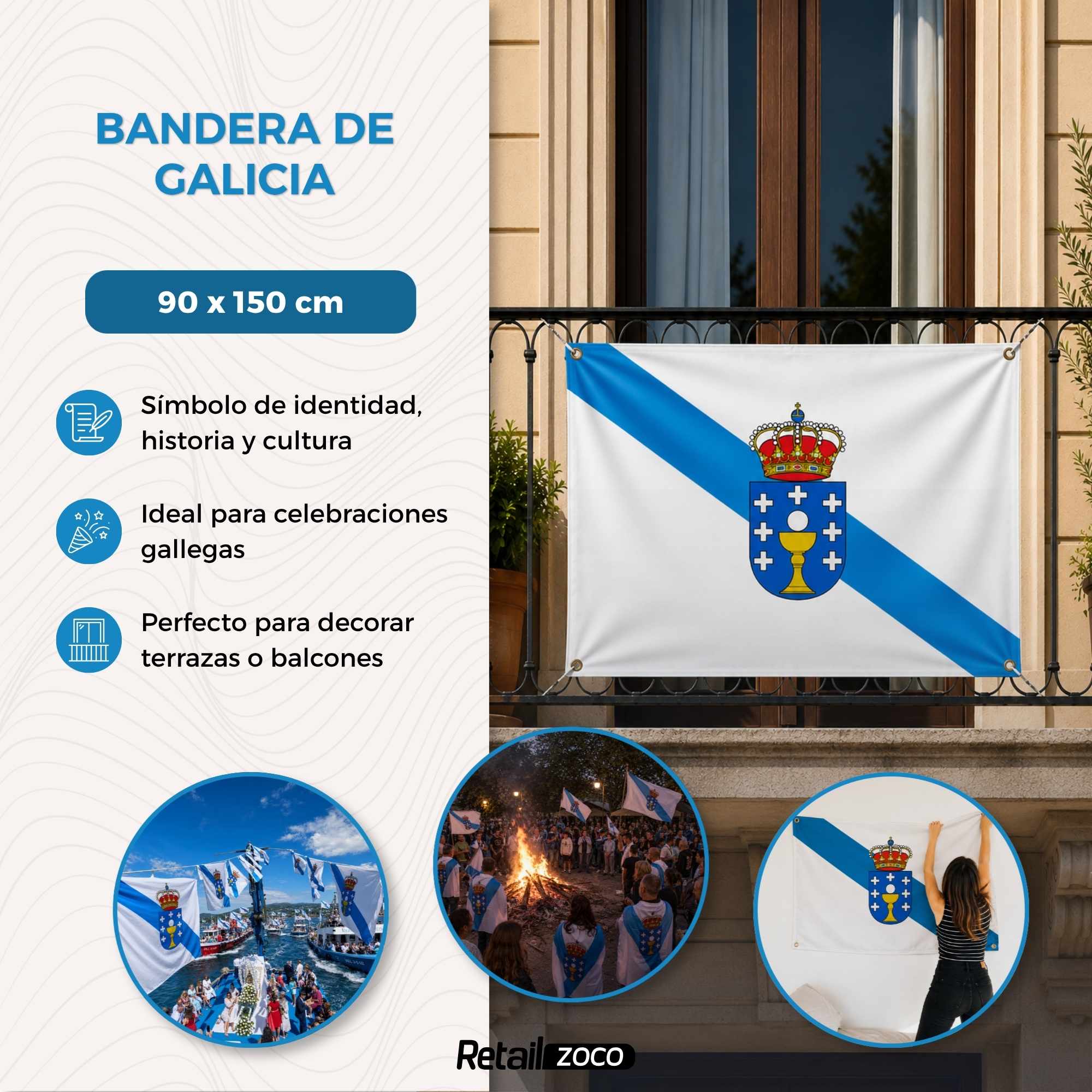 Bandera Comunidad de Galicia 90x150 cm con 4 ojales - imagen 4