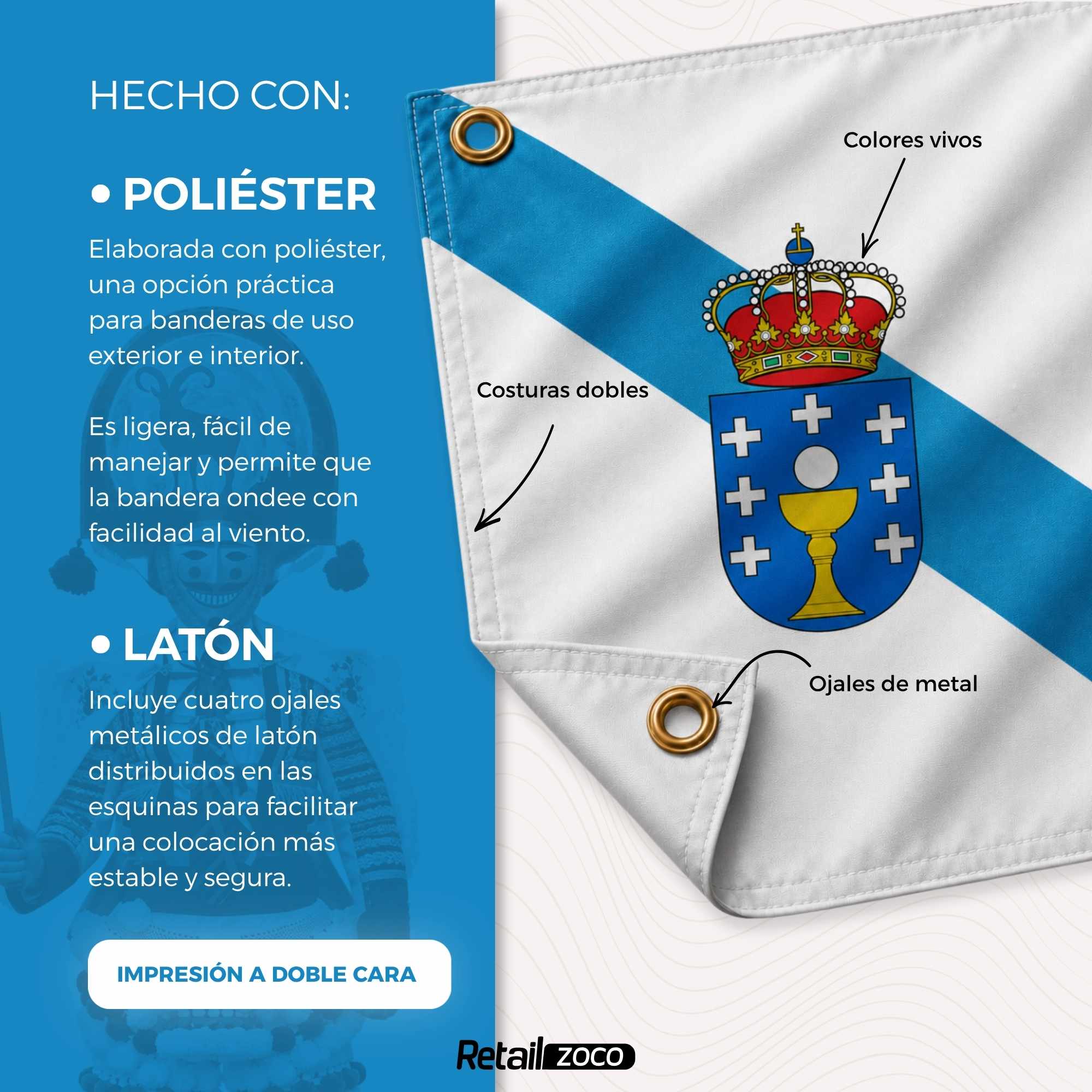Bandera Comunidad de Galicia 90x150 cm con 4 ojales - imagen 5