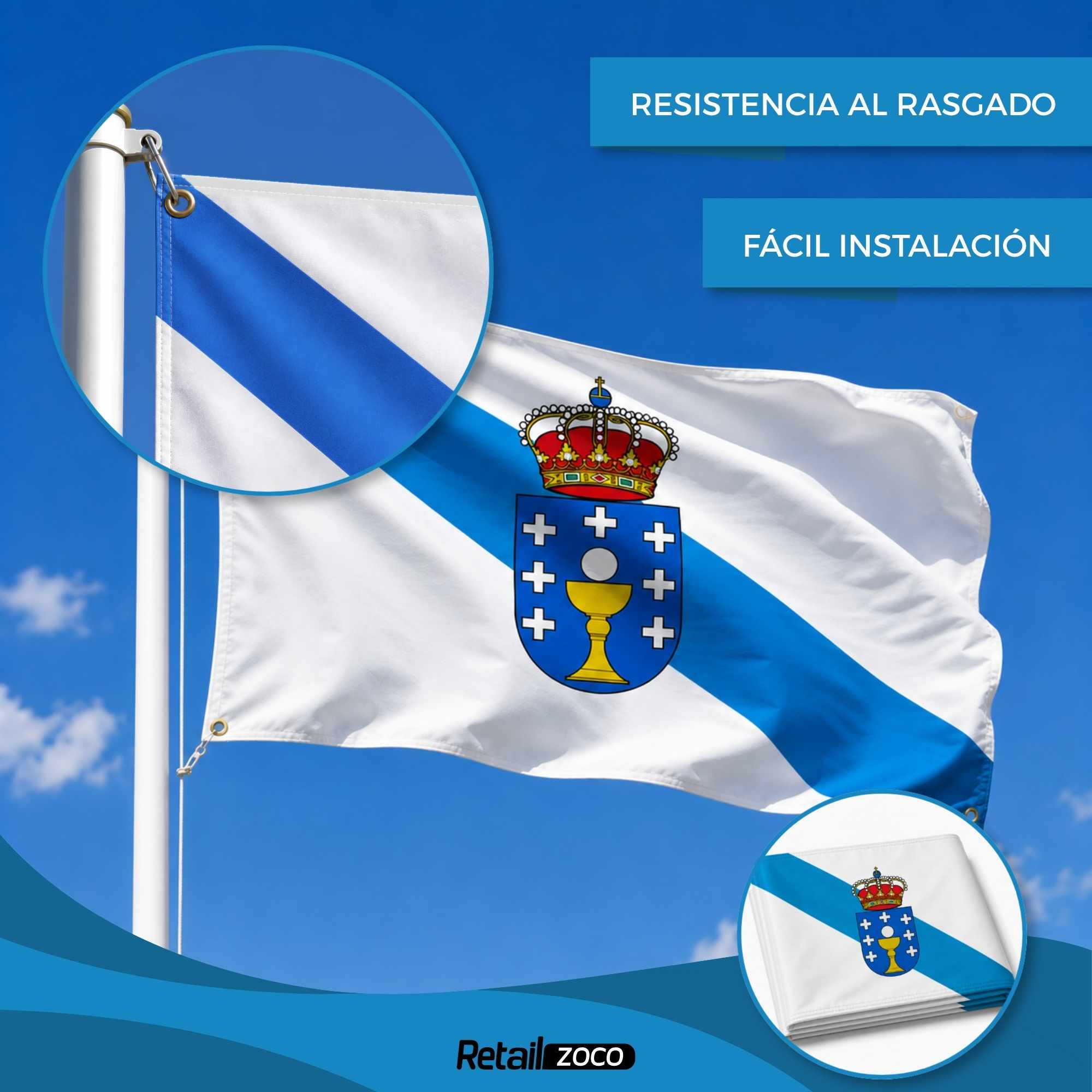 Bandera Comunidad de Galicia 90x150 cm con 4 ojales - imagen 6