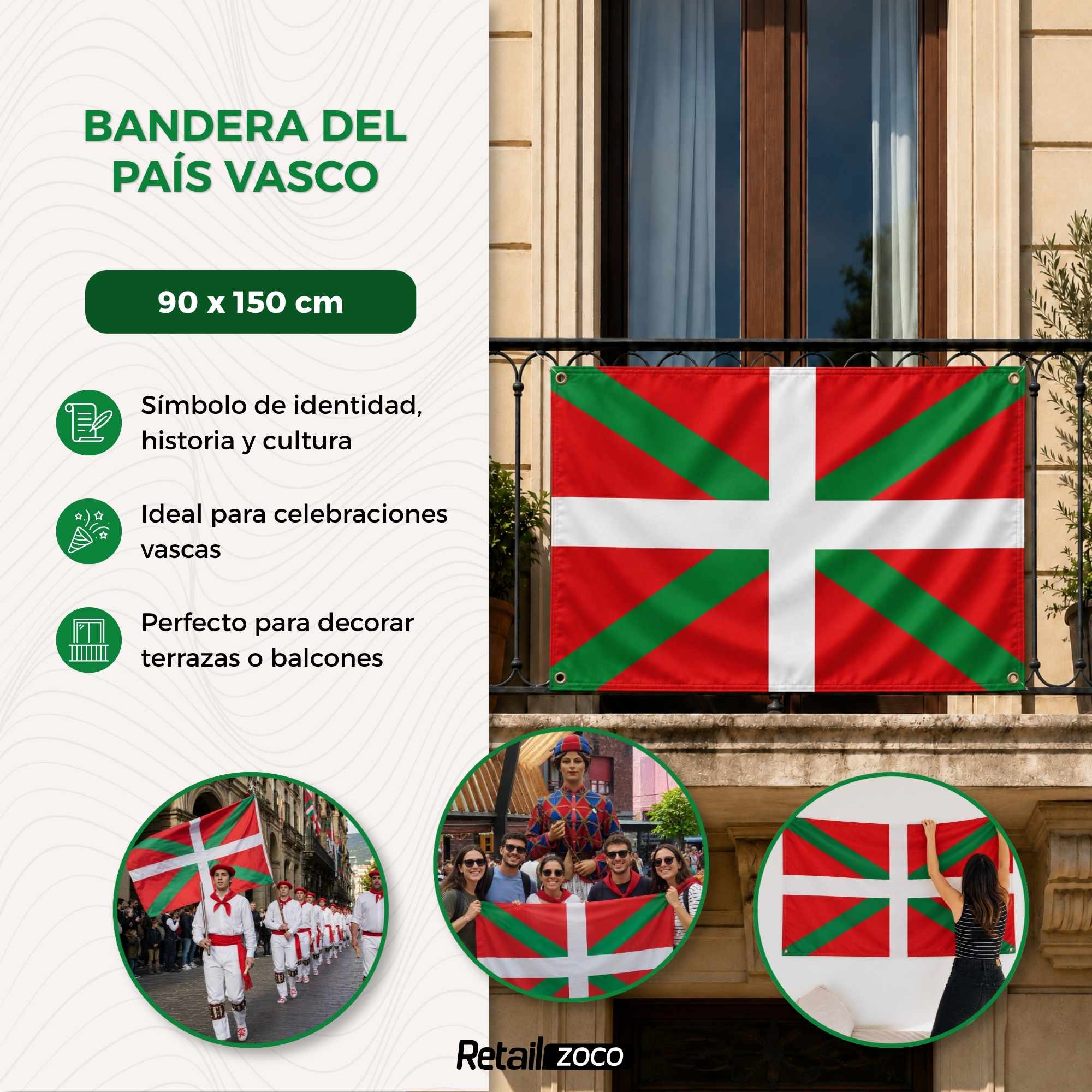 Bandera Pais Vasco 90x150 cm con 4 ojales - imagen 4