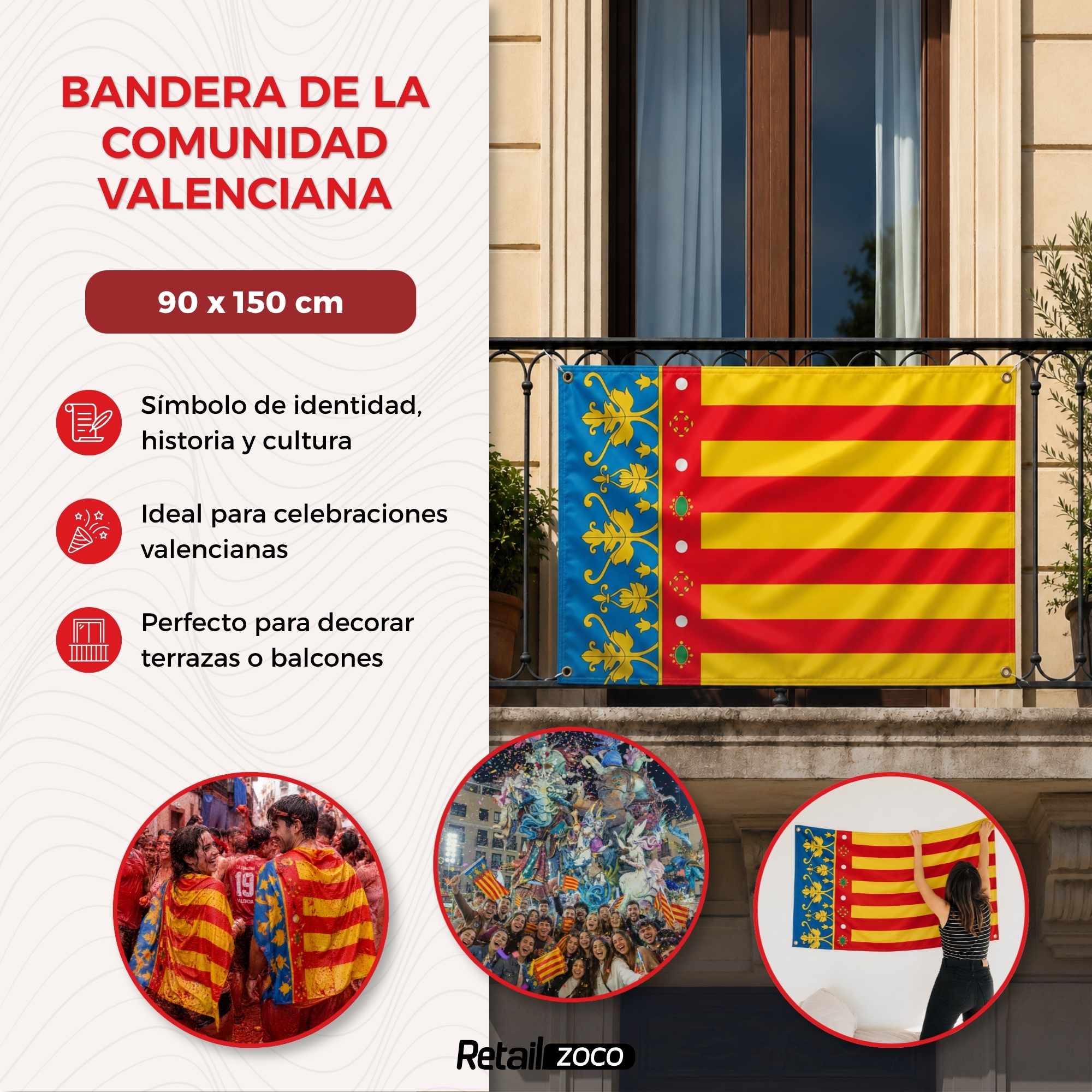Bandera Comunidad Valenciana 90x150 cm con 4 ojales - imagen 4