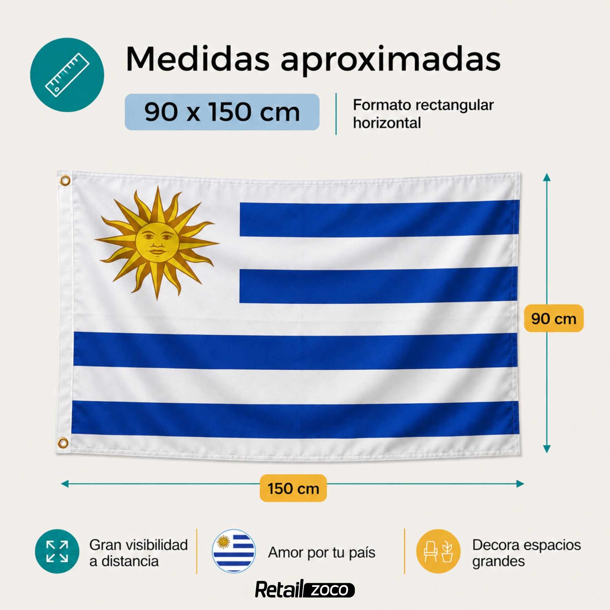 Bandera Uruguay 90x150 cm con 2 ojales - imagen 2