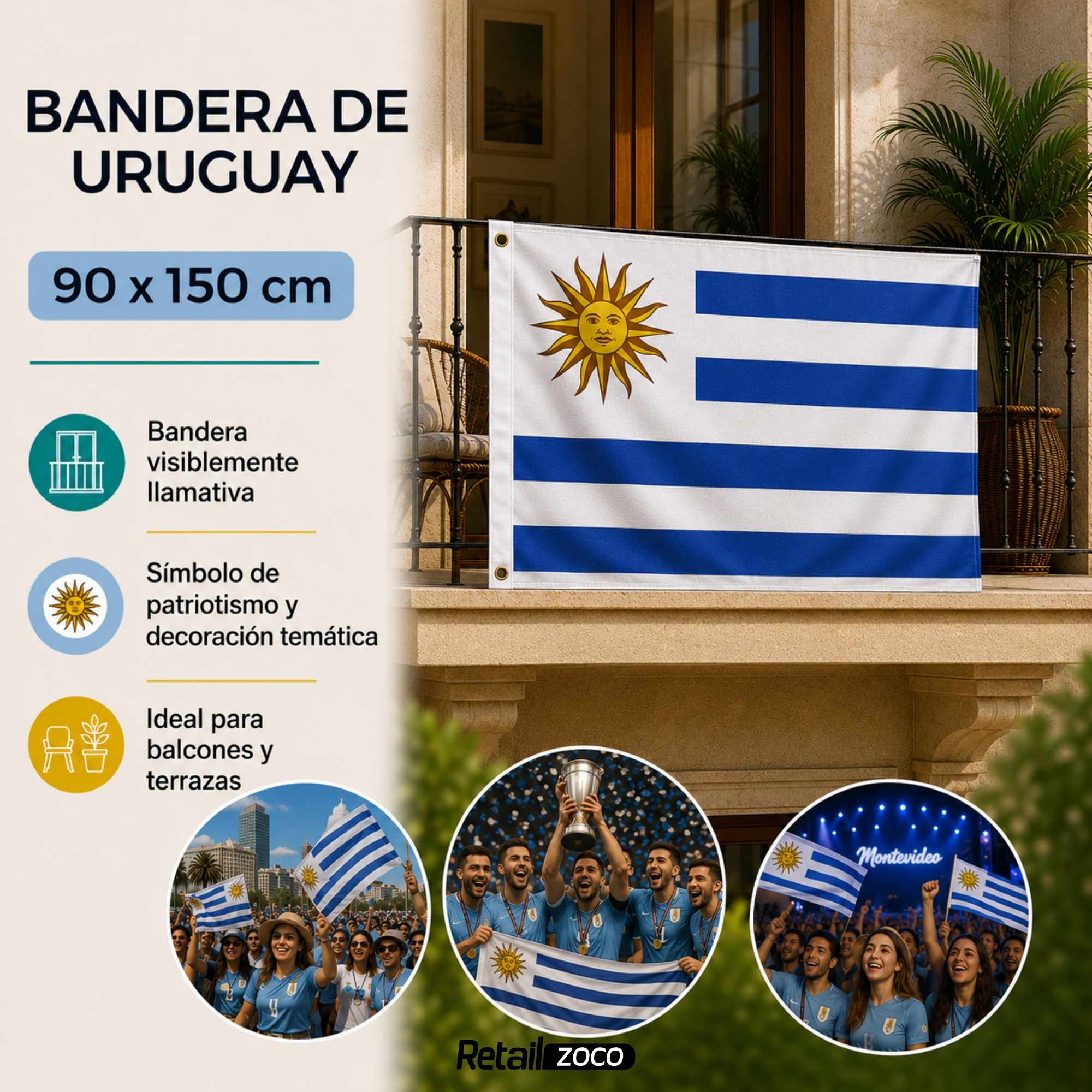 Bandera Uruguay 90x150 cm con 2 ojales - imagen 3