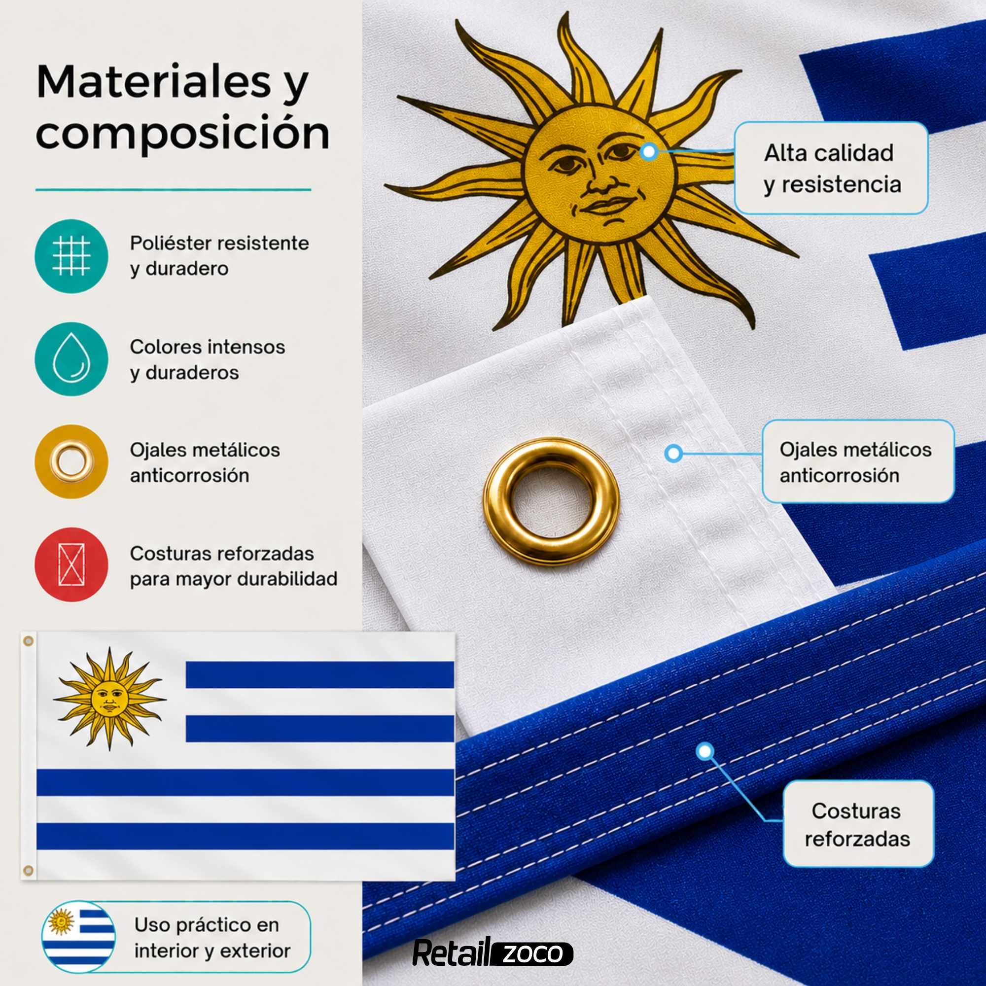 Bandera Uruguay 90x150 cm con 2 ojales - imagen 5