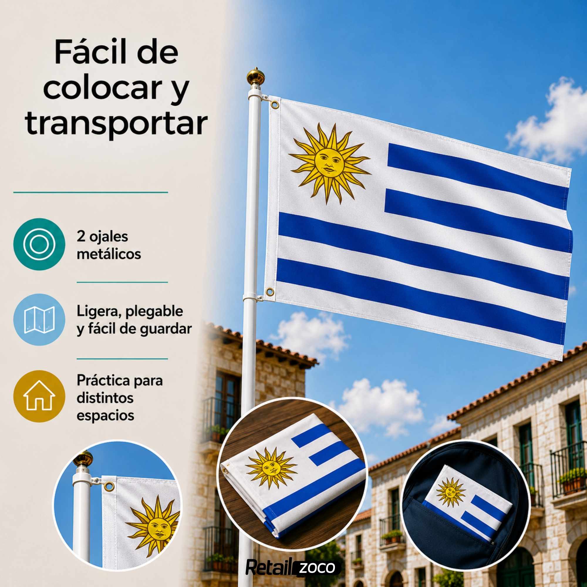 Bandera Uruguay 90x150 cm con 2 ojales - imagen 6