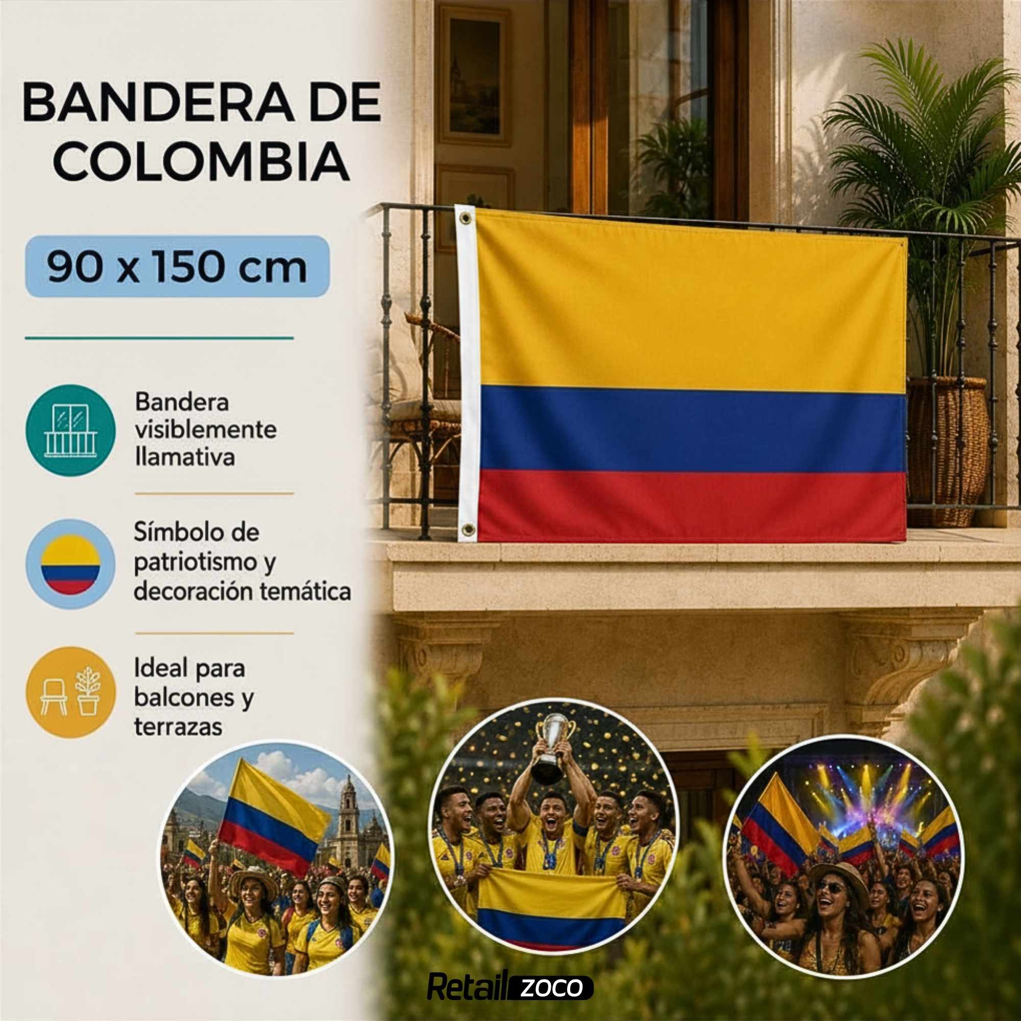 Bandera Colombia 90x150 cm con 2 ojales - imagen 3
