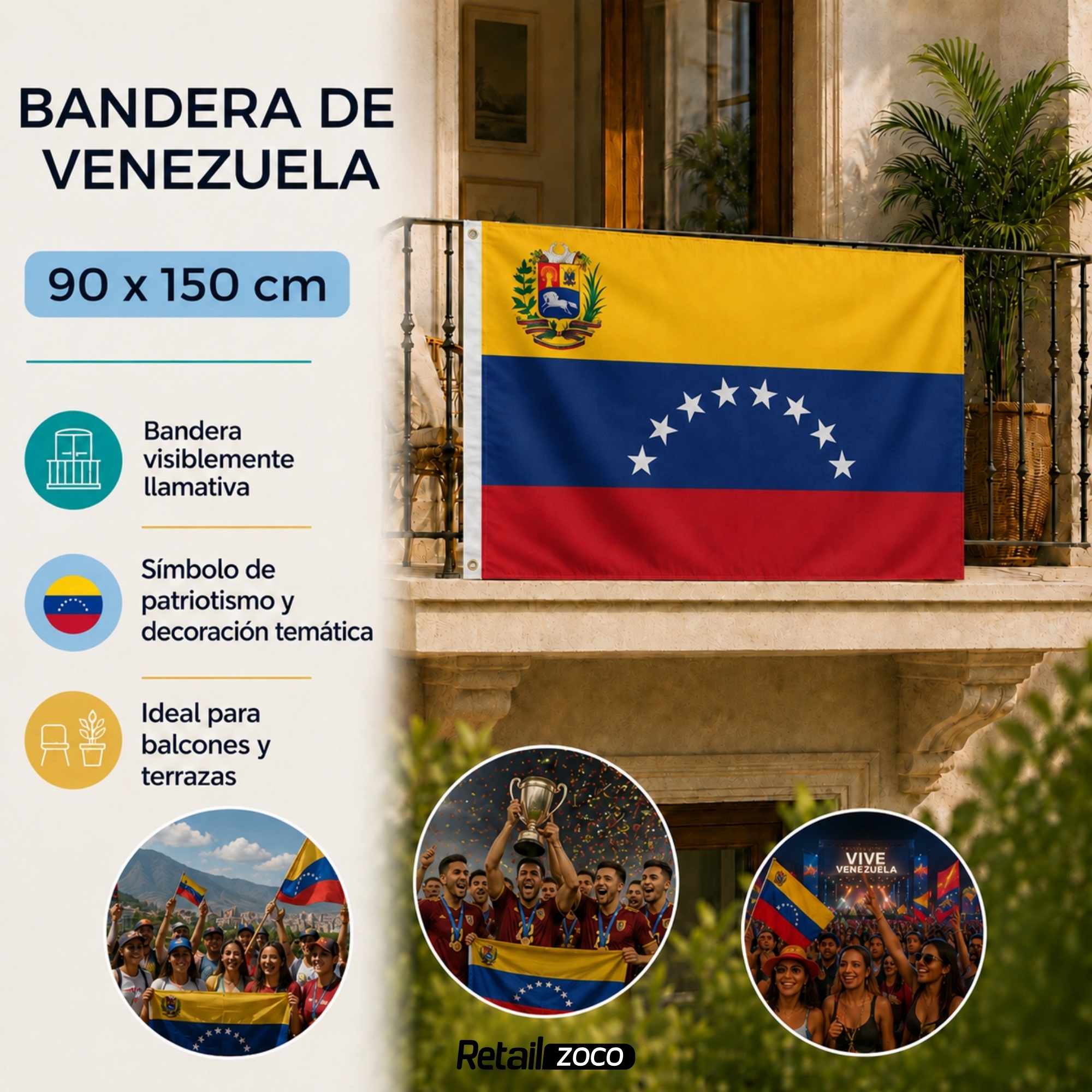 Bandera Venezuela 90x150 cm con 2 ojales - imagen 3