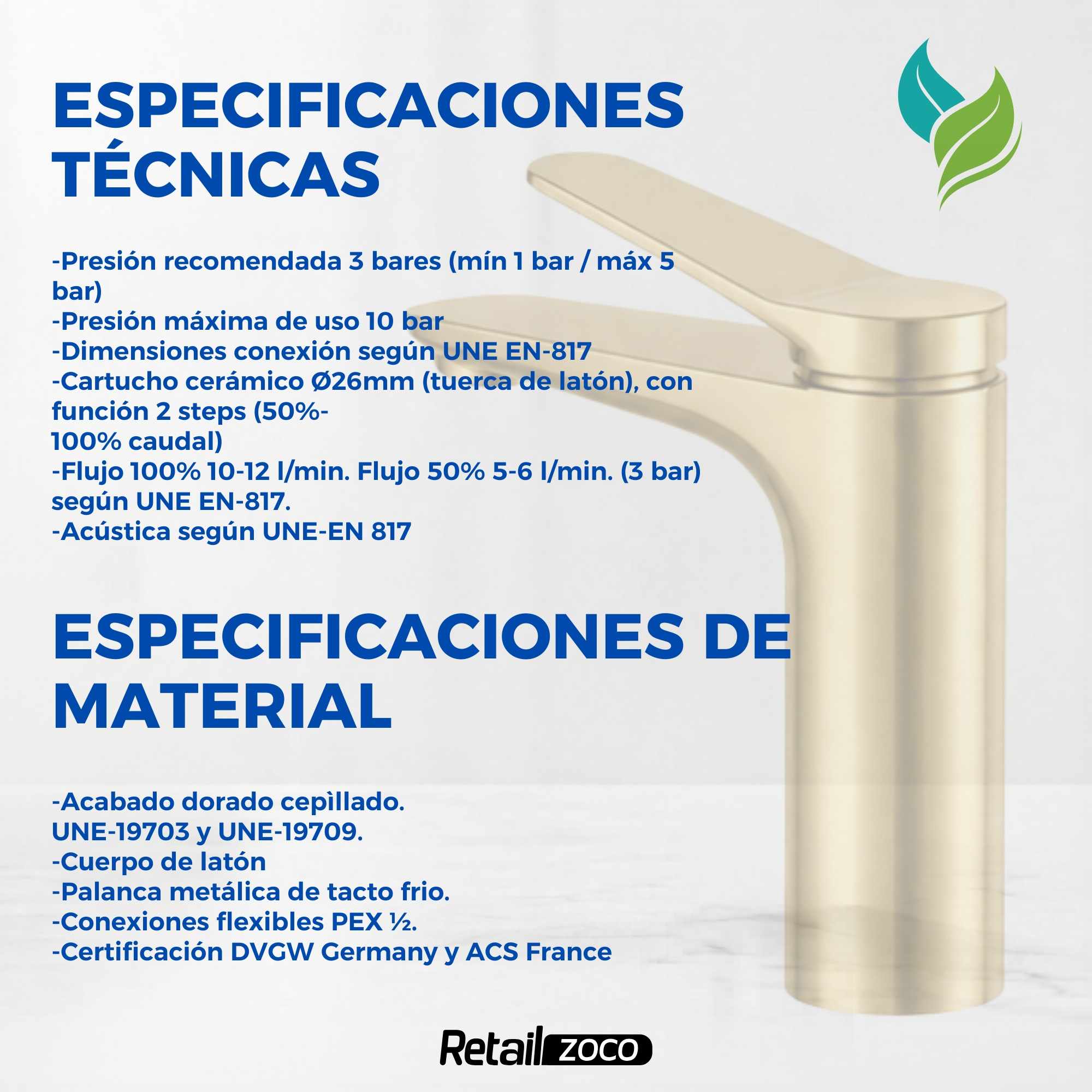 Grifo Monomando para lavabo Dorado Cepillado e Borras Colección Avance - imagen 5