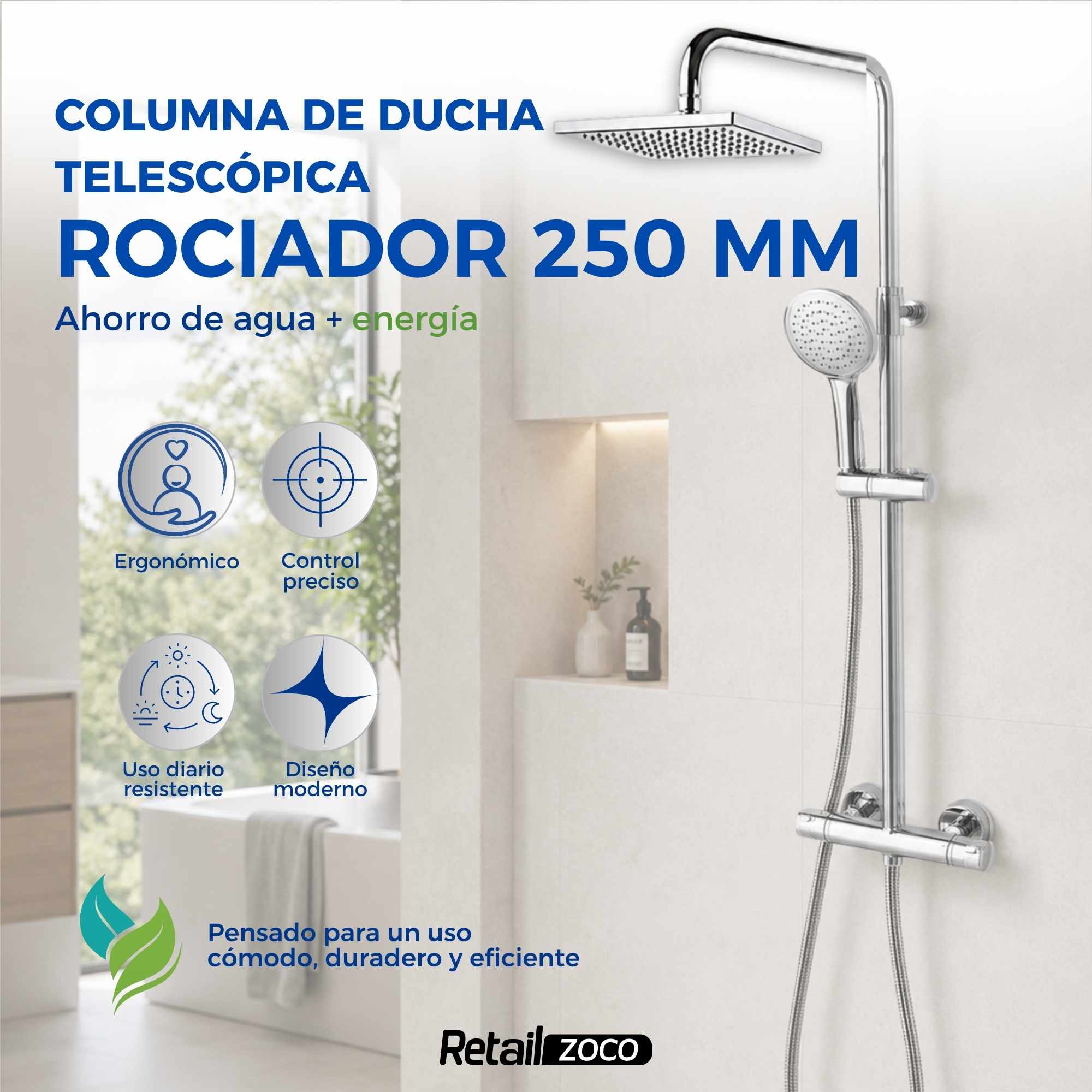 Columna telescópica monomando ducha rociador Redondo 25 cm Cromado Borras Colección Talent - imagen 2