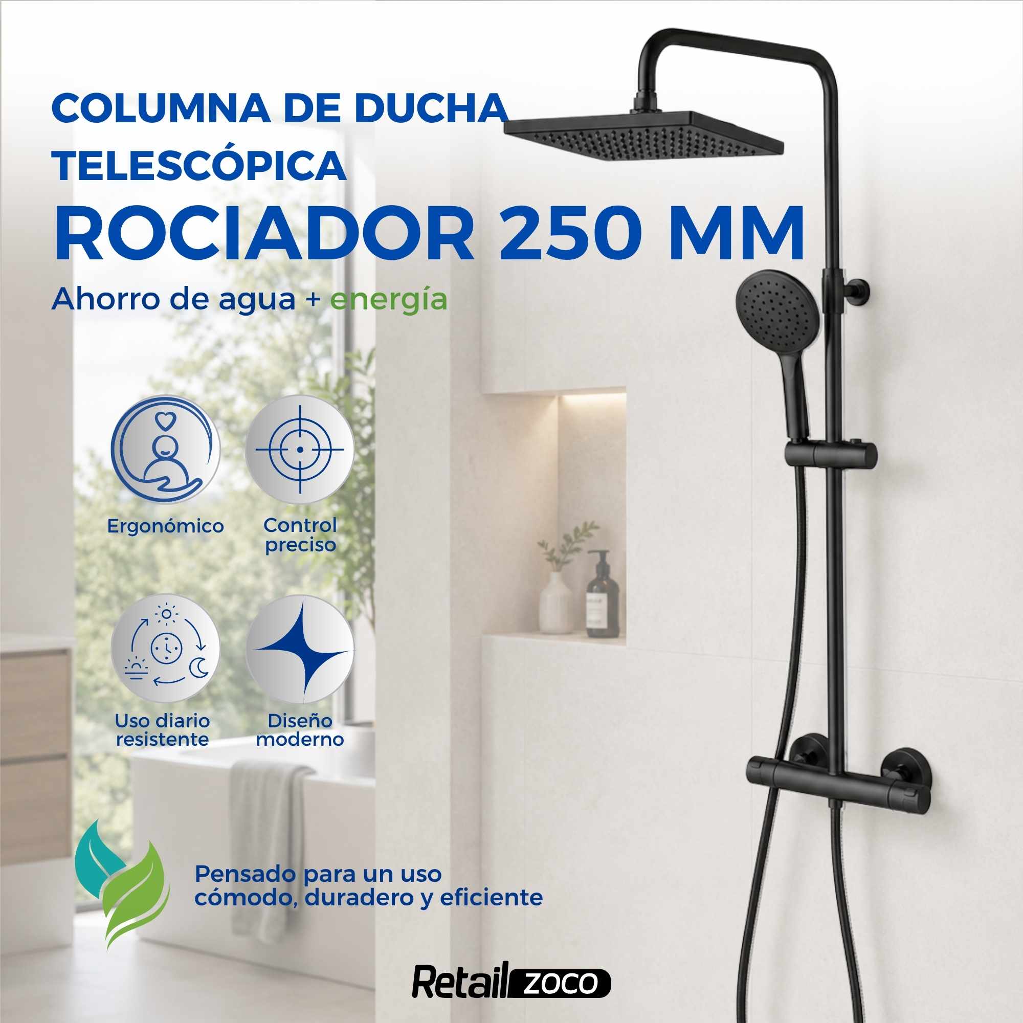 Columna telescópica monomando ducha rociador Redondo 25 cm Negro Mate Borras Colección Talent - imagen 2