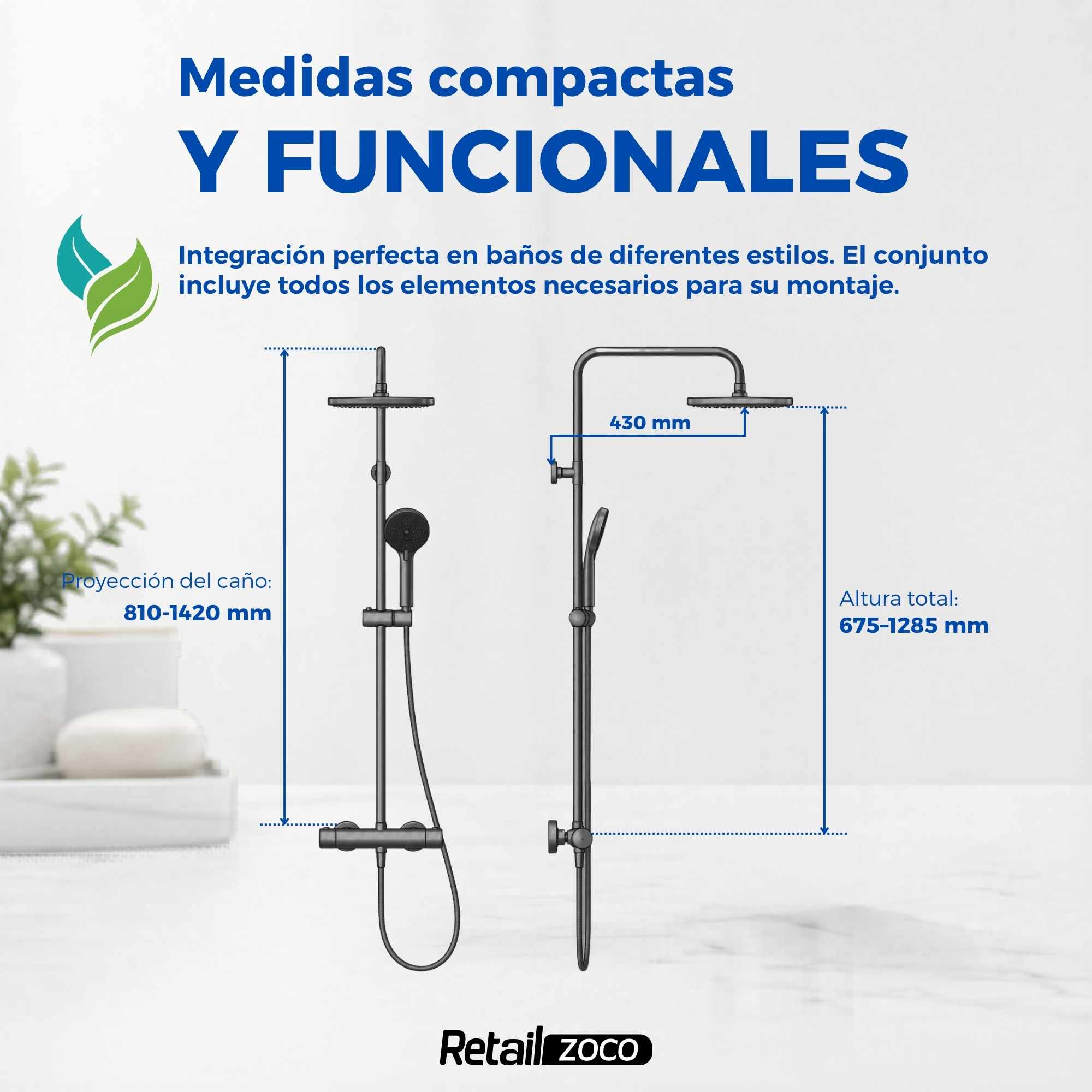 Columna telescópica monomando ducha rociador Redondo 25 cm Negro Mate Borras Colección Talent - imagen 4