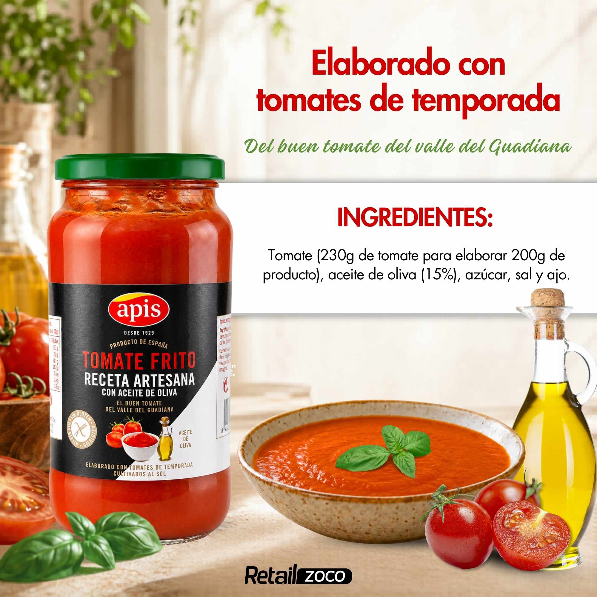 Tomate frito Apis Receta artesanal en aceite de oliva Tarro Cristal 550 g Sin Gluten - imagen 4