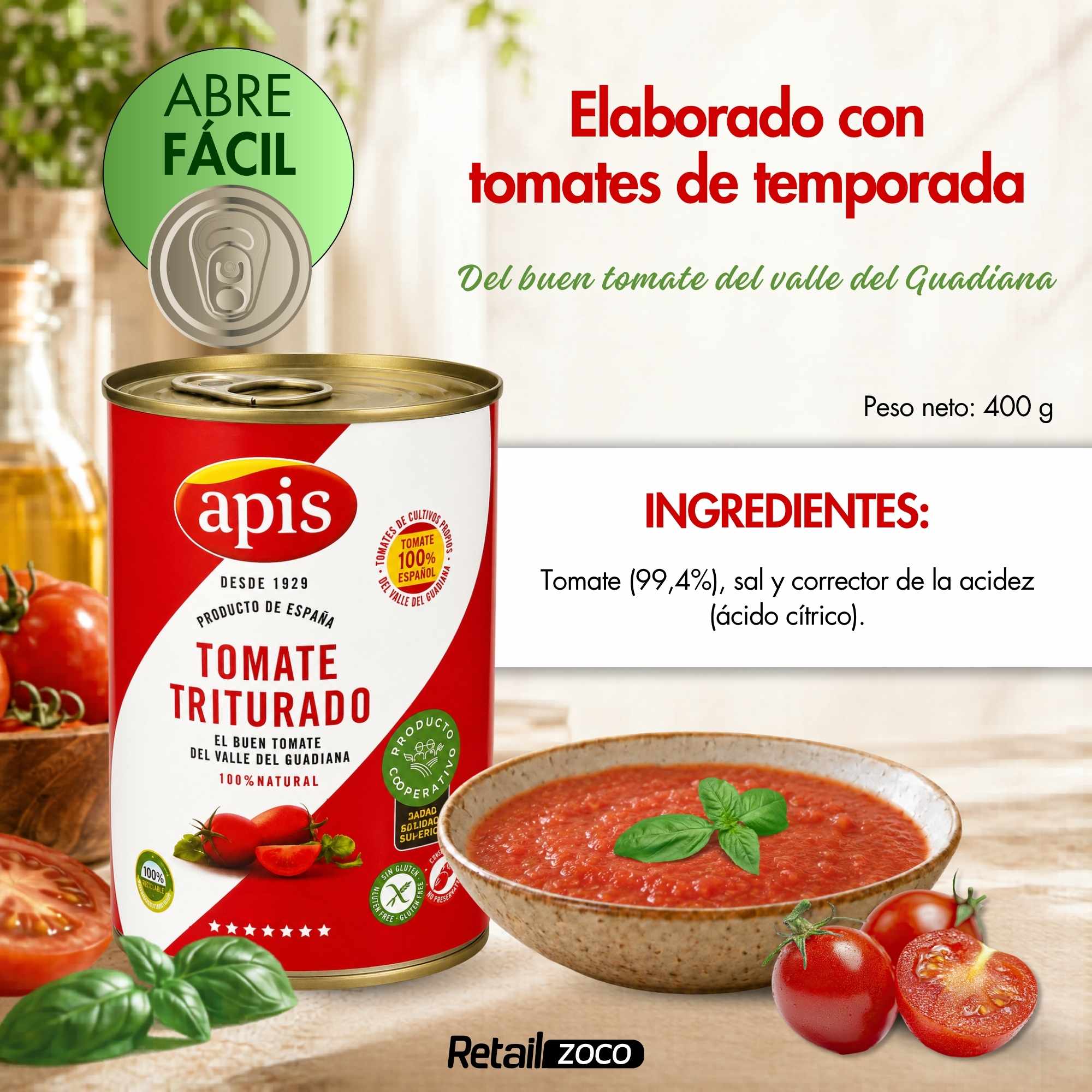 Tomate triturado Apis Lata 400 g Sin Gluten - imagen 4