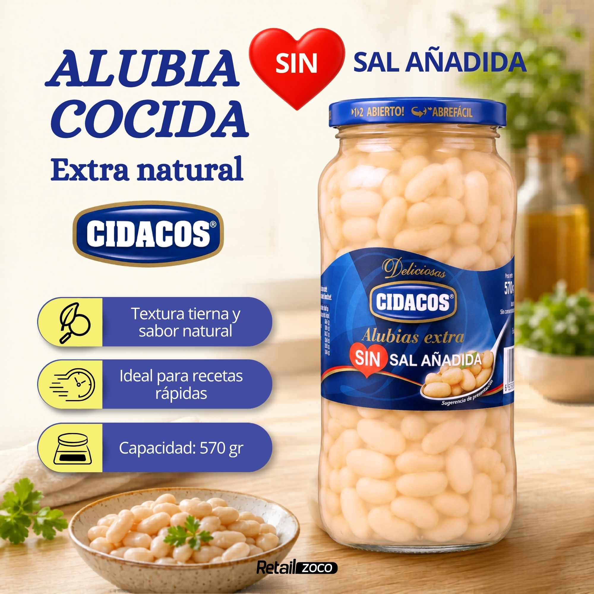 Alubias blancas sin sal cocidas Extra Tarro cristal 1 kg - imagen 2