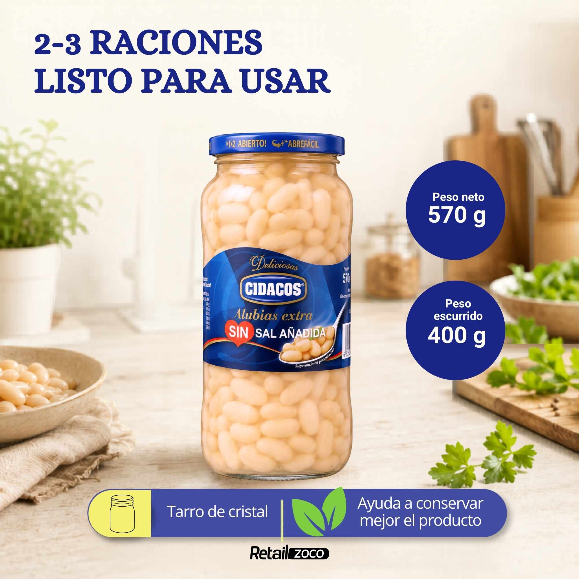 Alubias blancas sin sal cocidas Extra Tarro cristal 1 kg - imagen 3