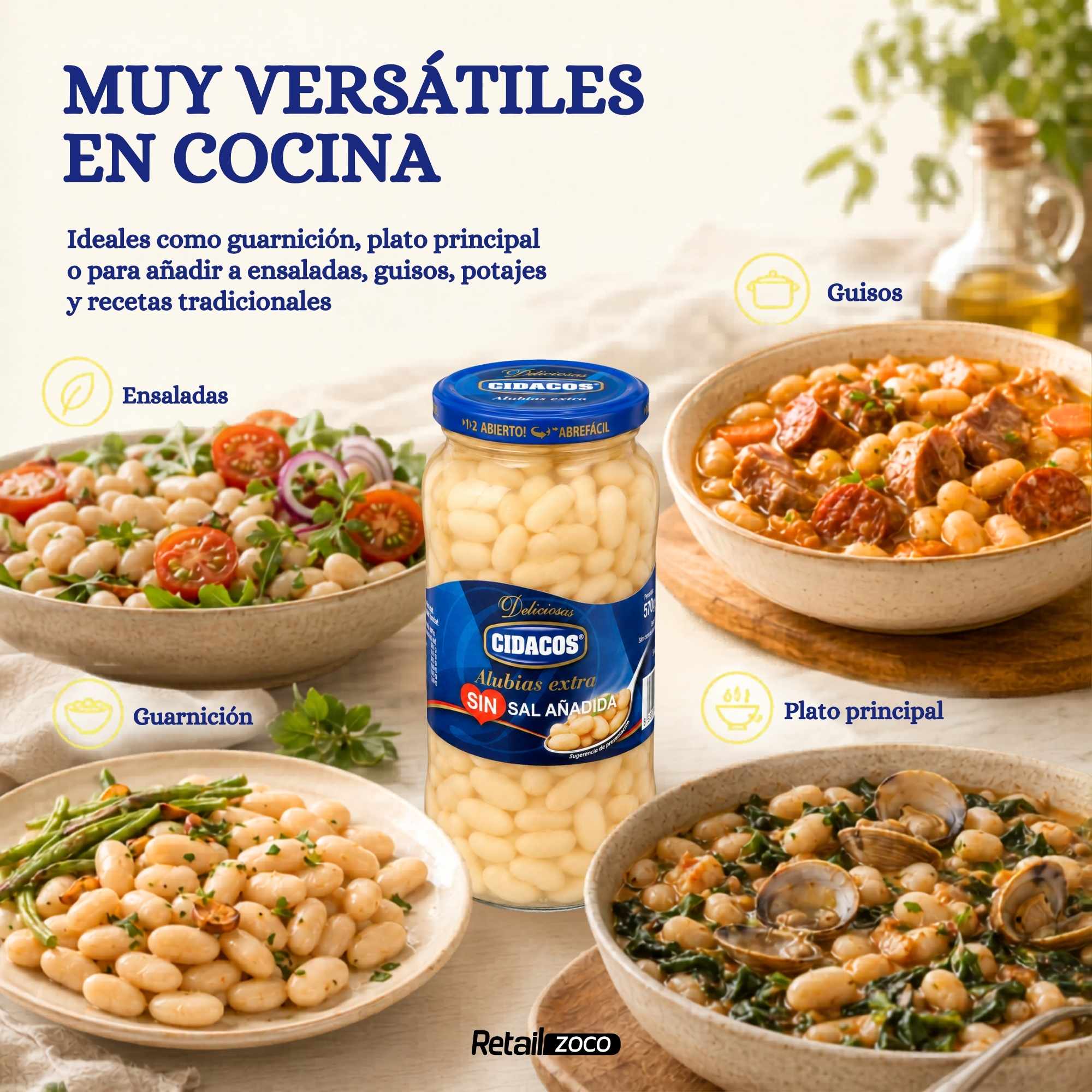 Alubias blancas sin sal cocidas Extra Tarro cristal 1 kg - imagen 4