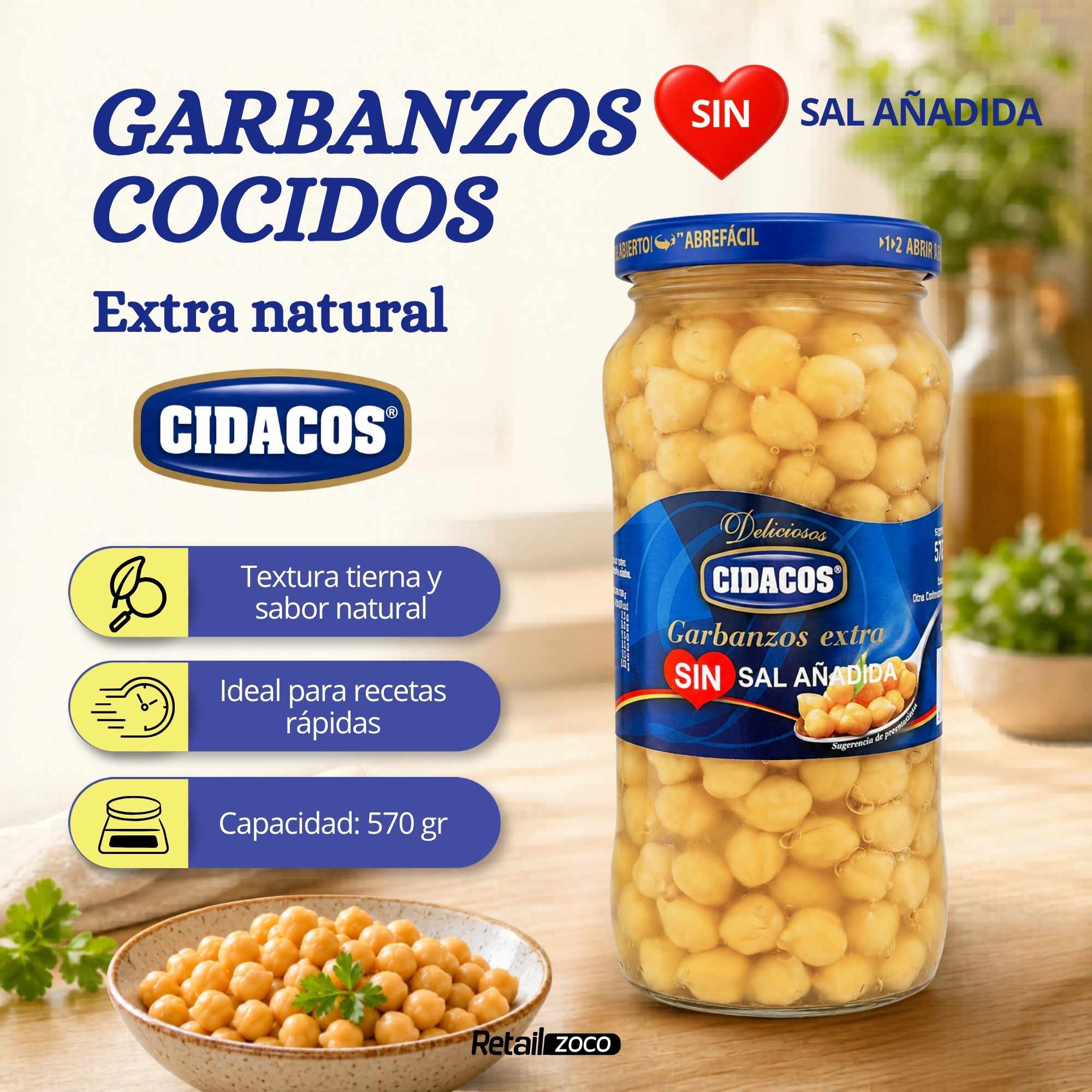 Garbanzos cocidos Extra sin sal Tarro Cristal 1 kg - imagen 2