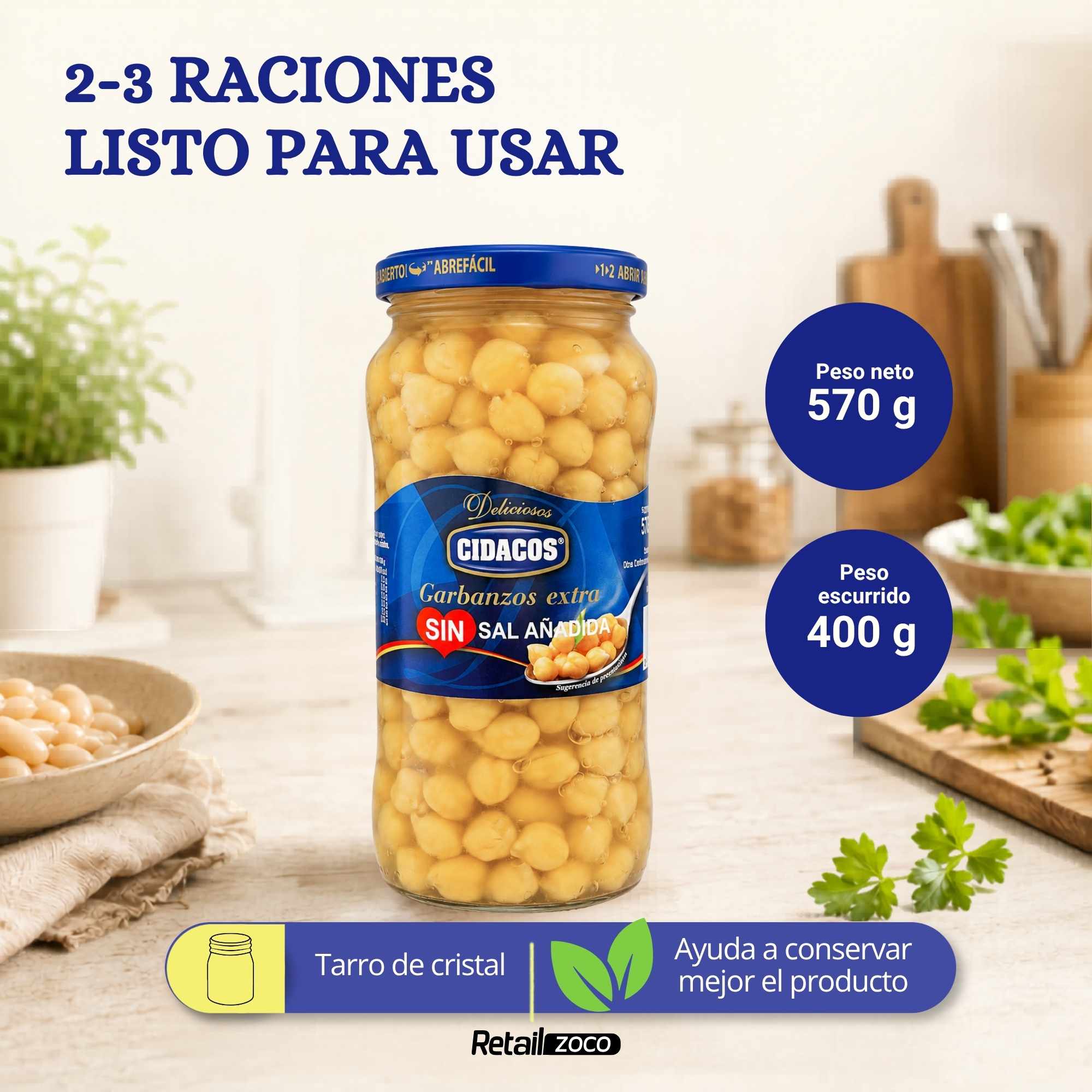 Garbanzos cocidos Extra sin sal Tarro Cristal 1 kg - imagen 3