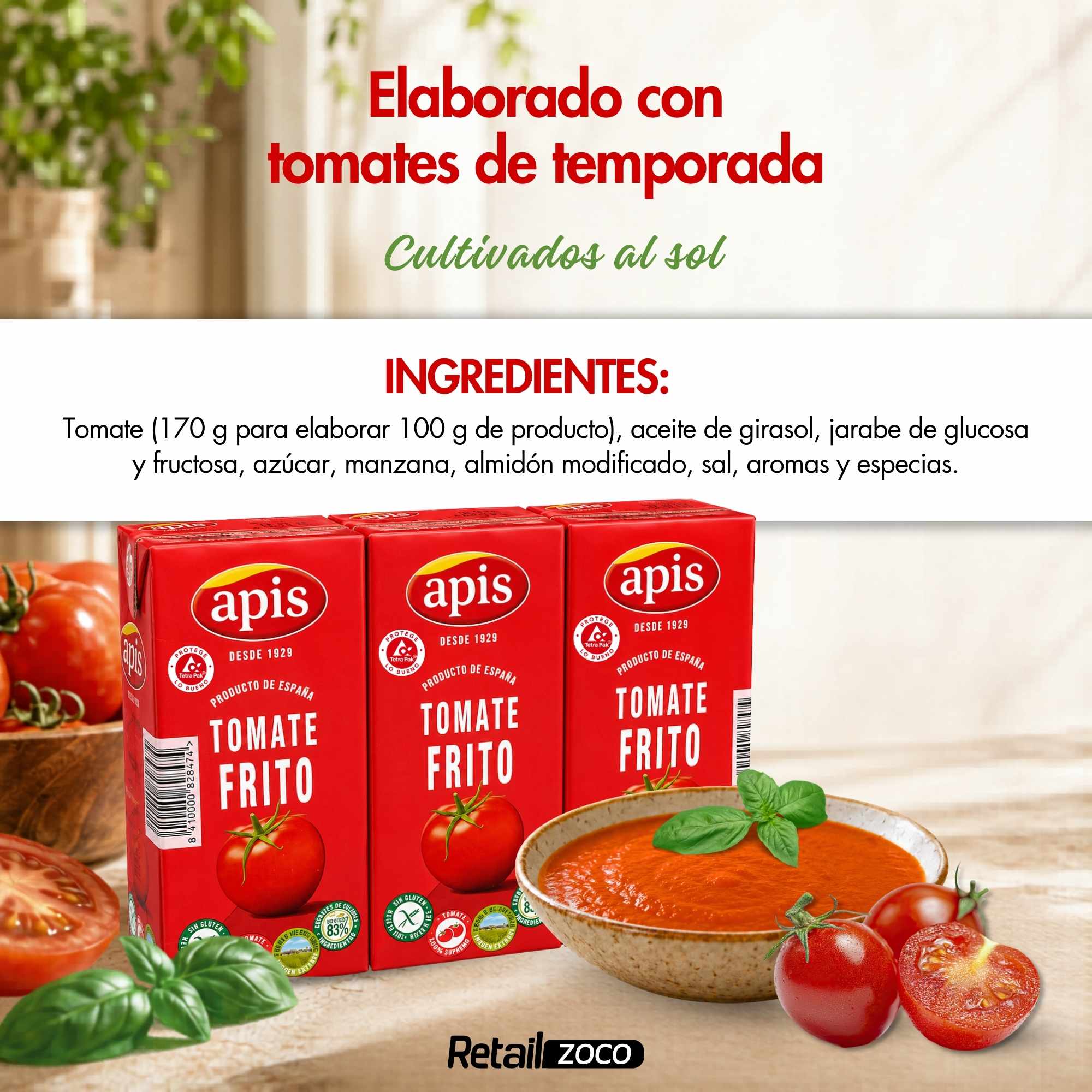 Tomate frito Apis Aceite Girasol Pack brik 3 unidades de 400 g Sin gluten - imagen 4