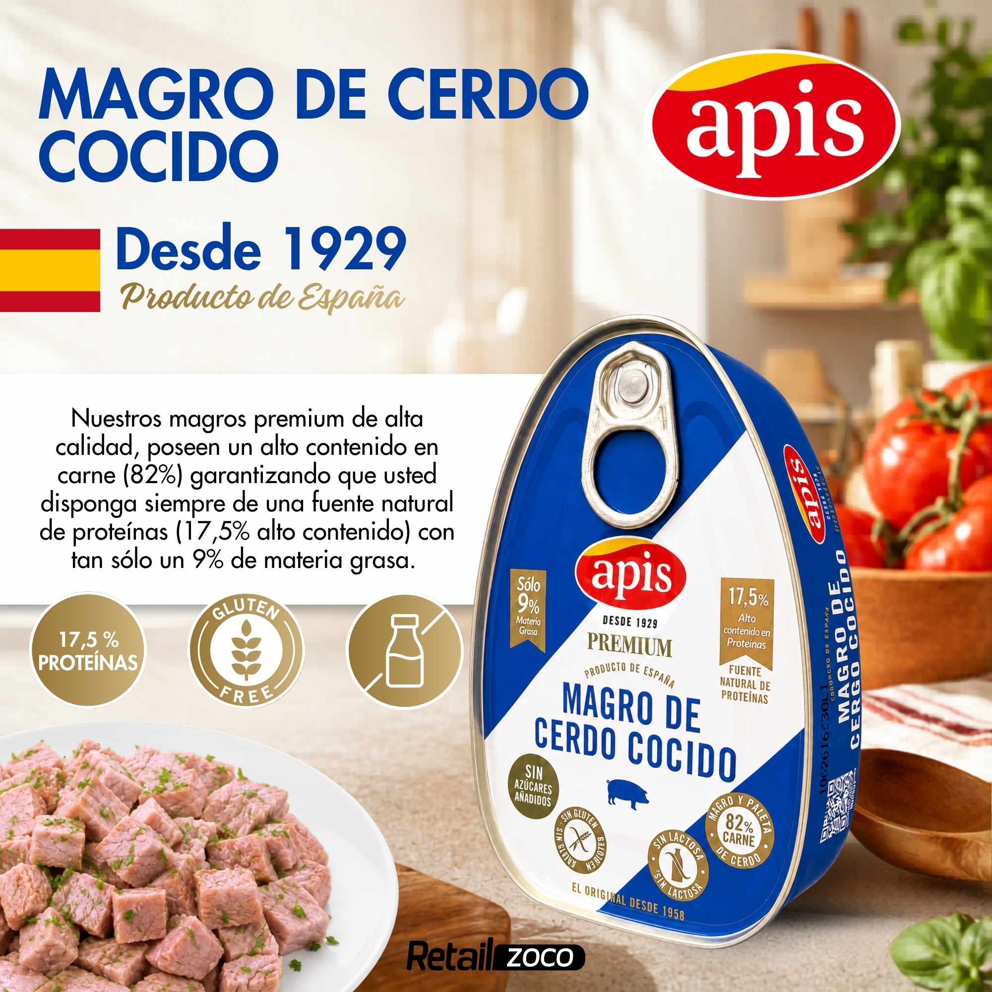 Magro de cerdo cocido premium Apis Lata de 200 gr sin gluten y sin lactosa - imagen 2