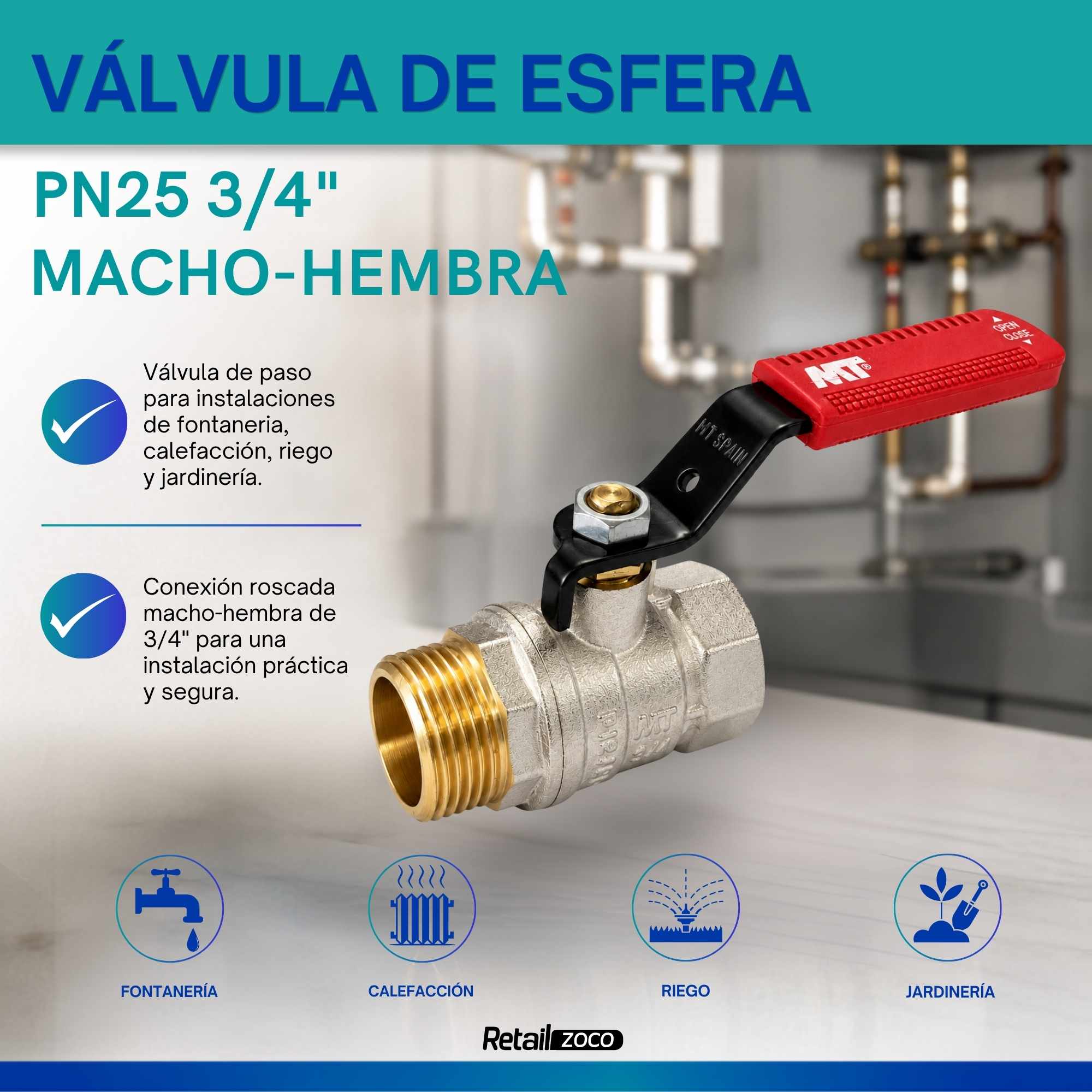 Palancas Llave Paso Fontaneria PN25 macho-hembra Rojo 3/4 - imagen 2