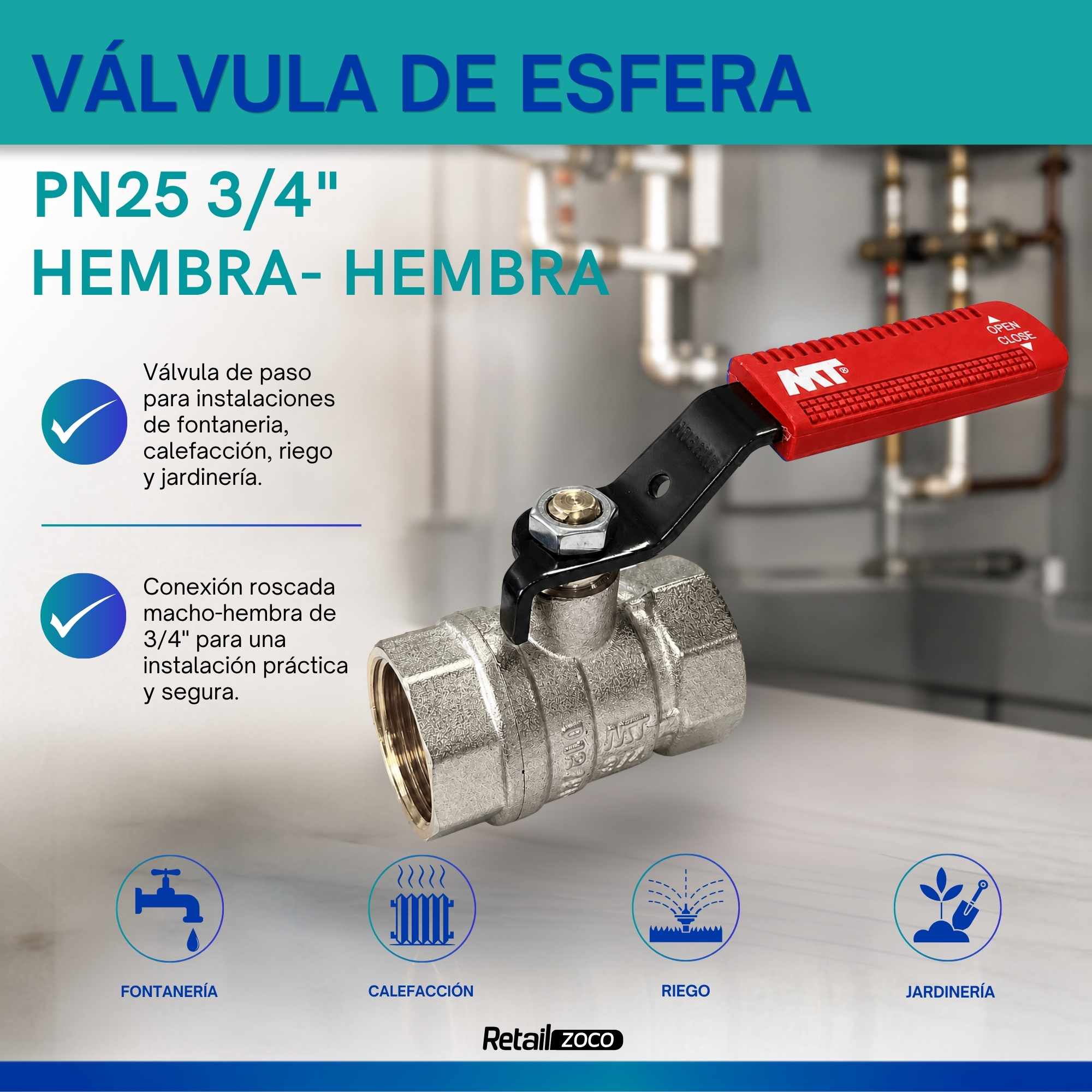 Palancas Llave Paso Fontaneria PN25 hembra-hembra Rojo 3/4 - imagen 2