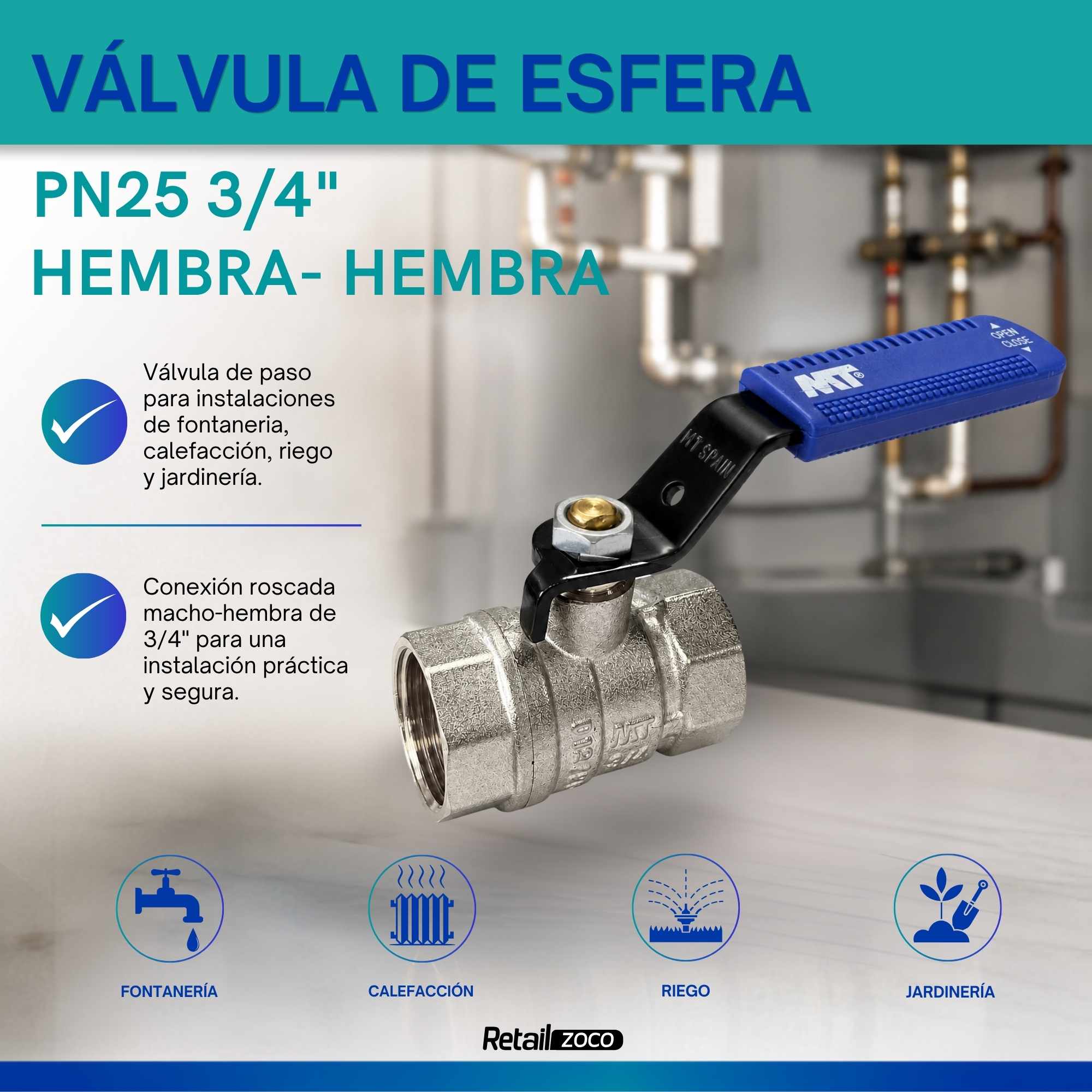 Palancas Llave Paso Fontaneria PN25 hembra-hembra Azul 3/4 - imagen 2
