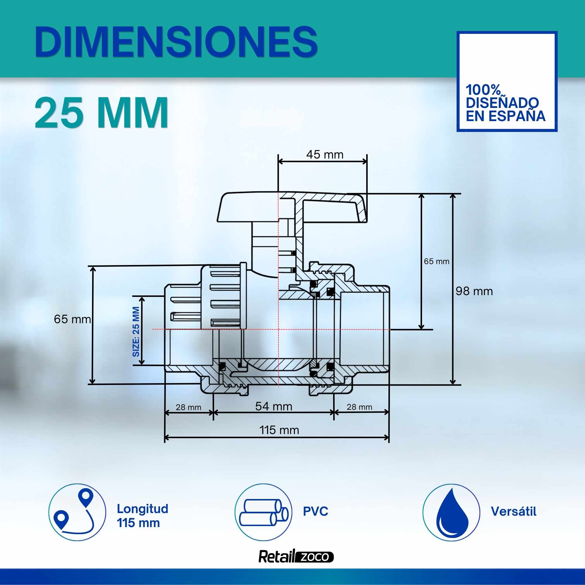 Válvula esfera PVC 25 mm PN10 para encolar - imagen 3