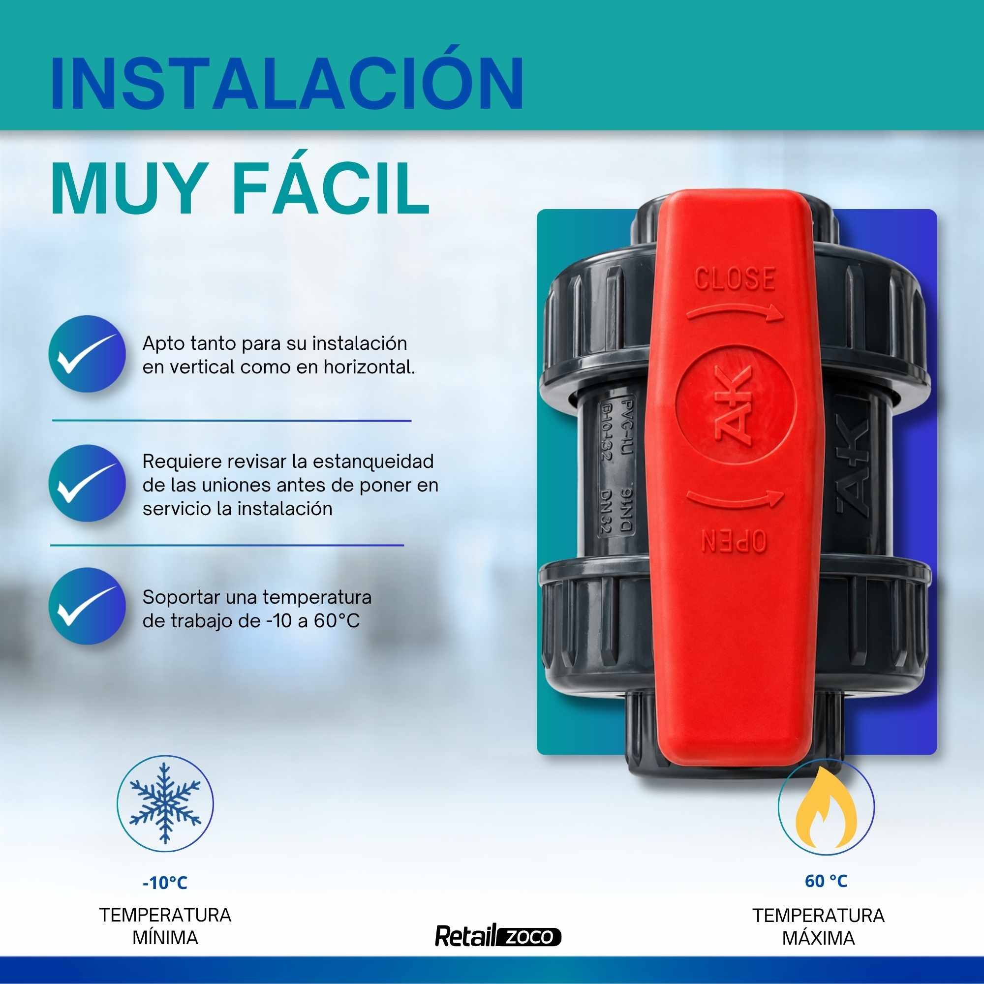 Válvula esfera PVC 25 mm PN10 para encolar - imagen 5