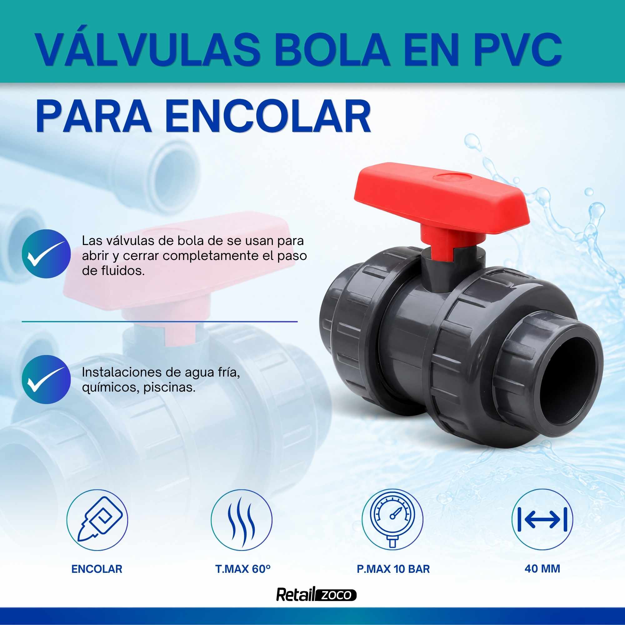 Válvula esfera PVC 40 mm PN10 para encolar - imagen 2