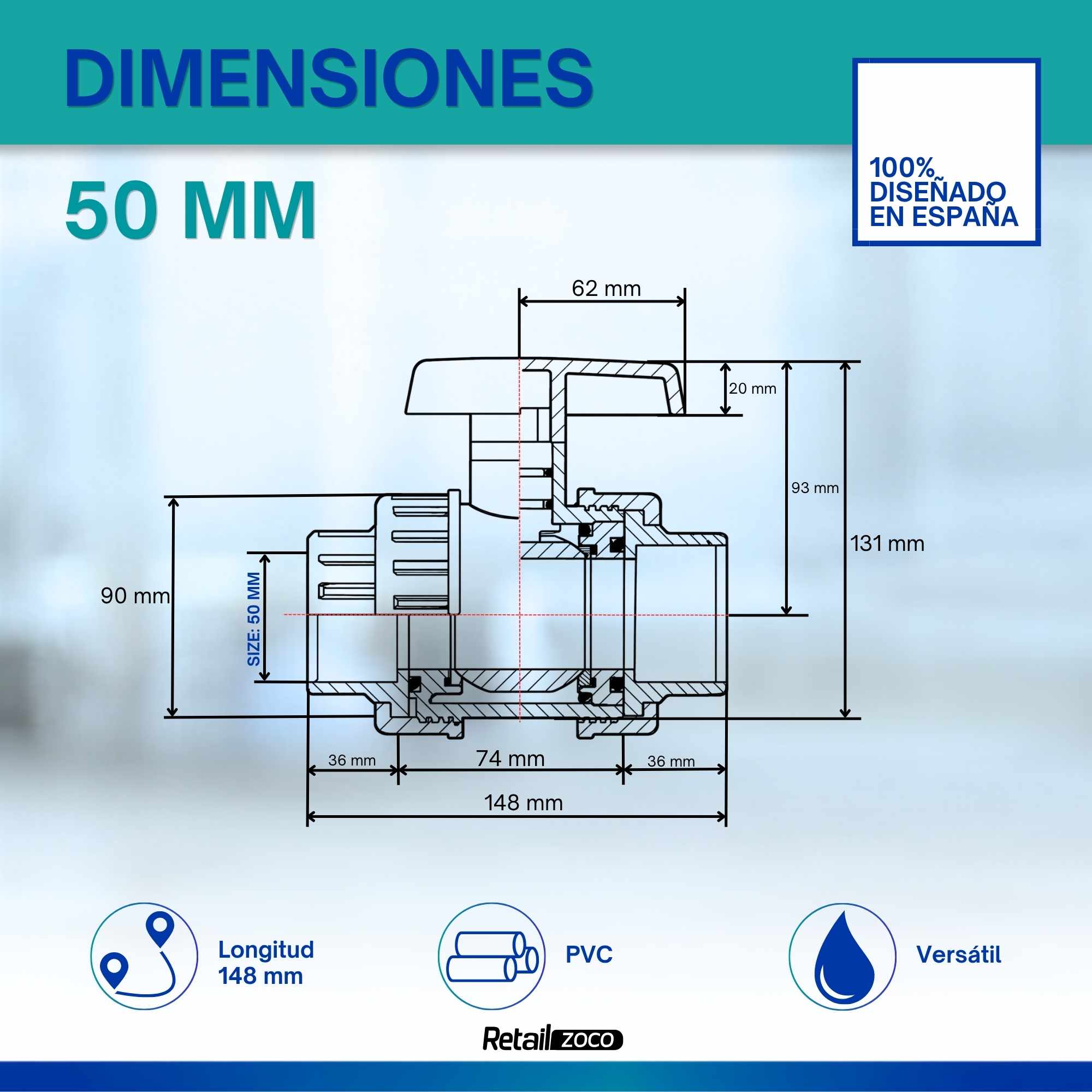 Válvula esfera PVC 50 mm PN10 para encolar - imagen 3