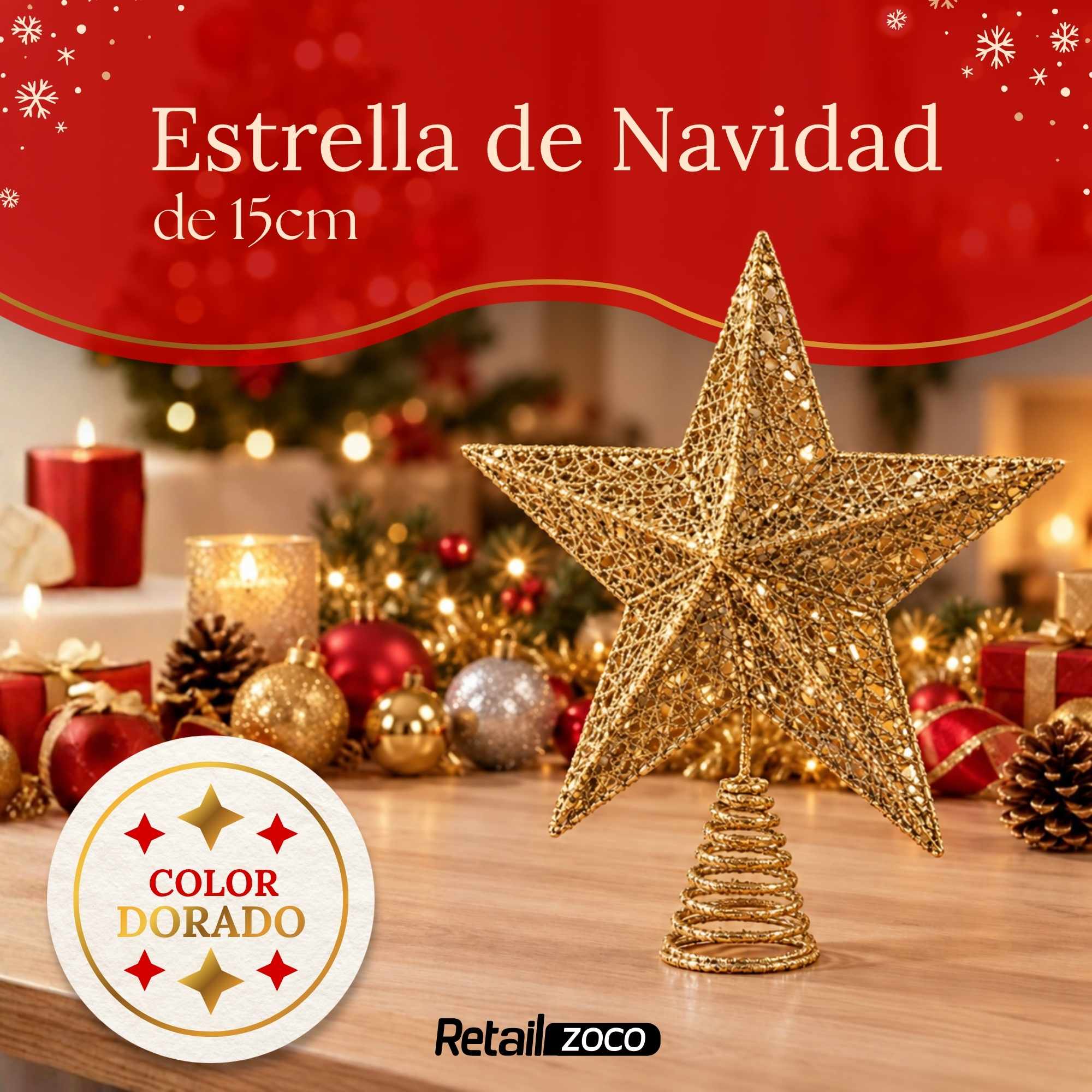 Estrella de Navidad Punta de Árbol dorado 15 cm Dorado - imagen 2