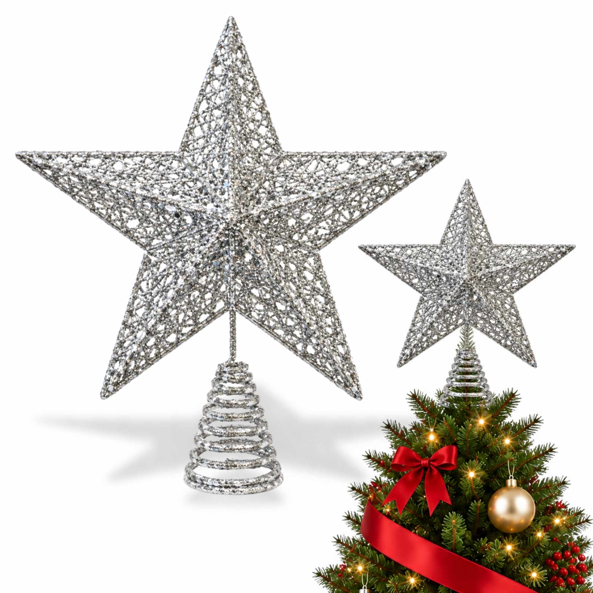 Estrella de Navidad Punta de Árbol dorado 30 cm Plateado - imagen 1