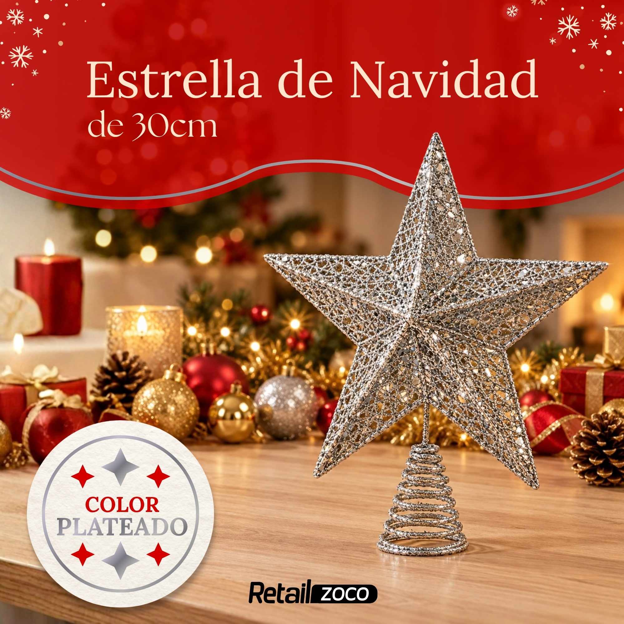 Estrella de Navidad Punta de Árbol dorado 30 cm Plateado - imagen 2