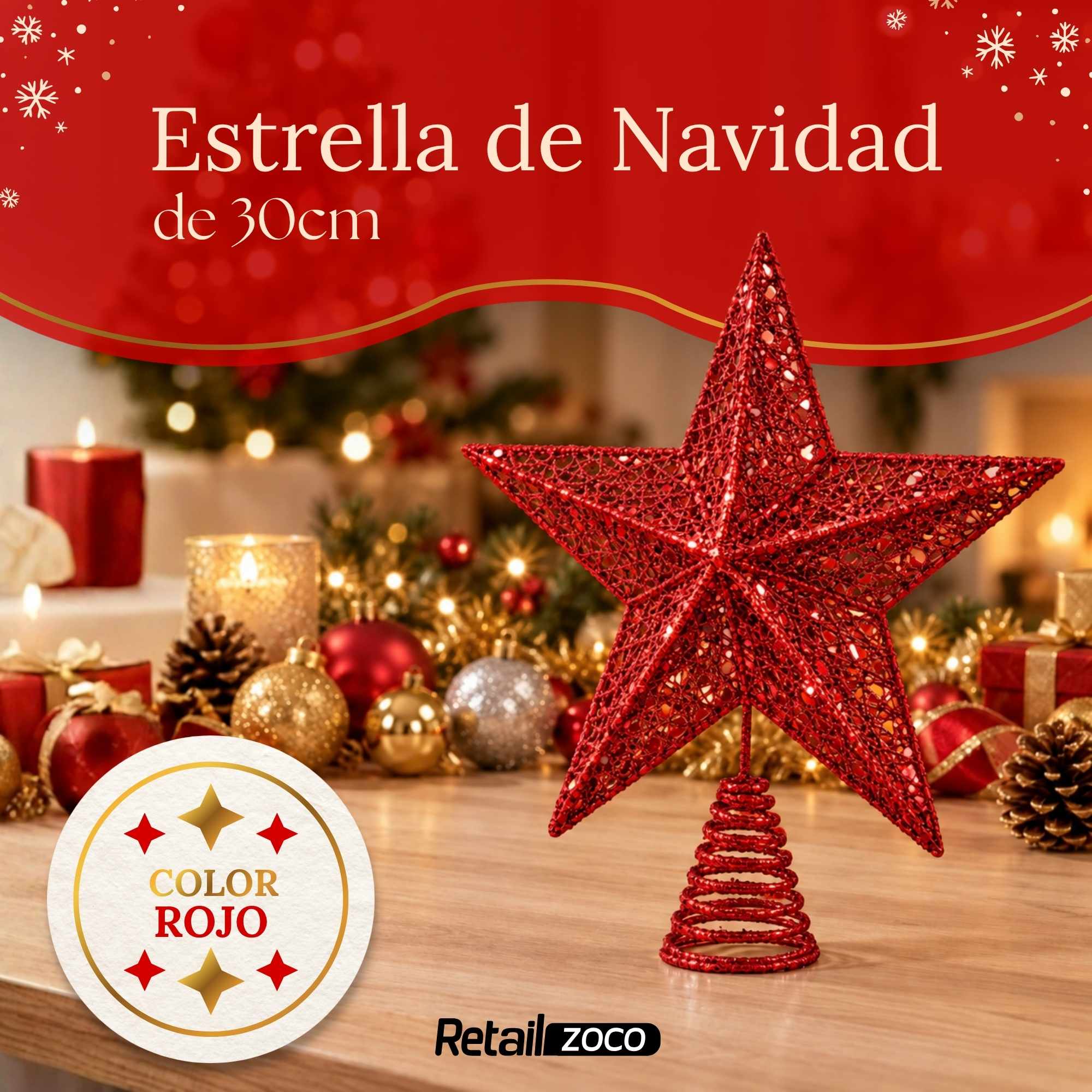 Estrella de Navidad Punta de Árbol 30 cm Rojo - imagen 2