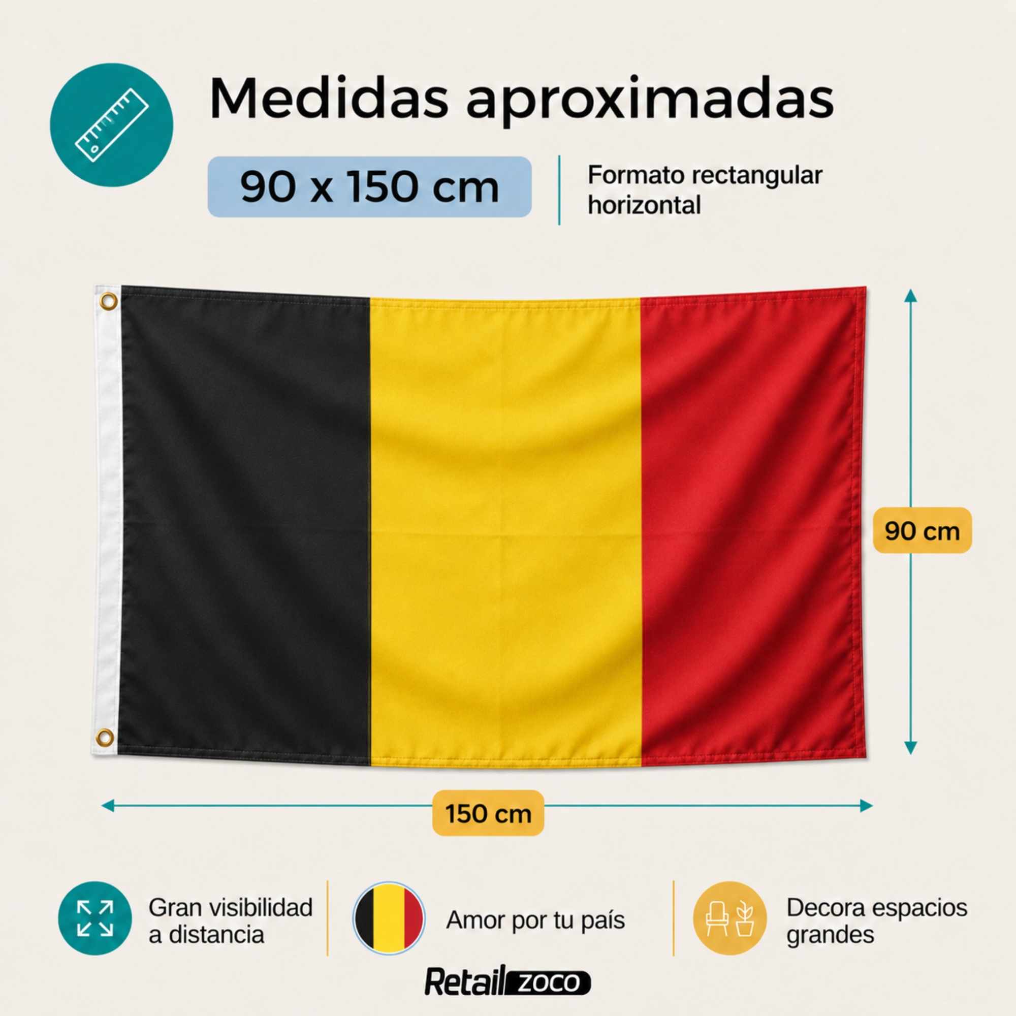 Bandera Belgica grande para Exterior 90x150cm con 2 ojales - imagen 2