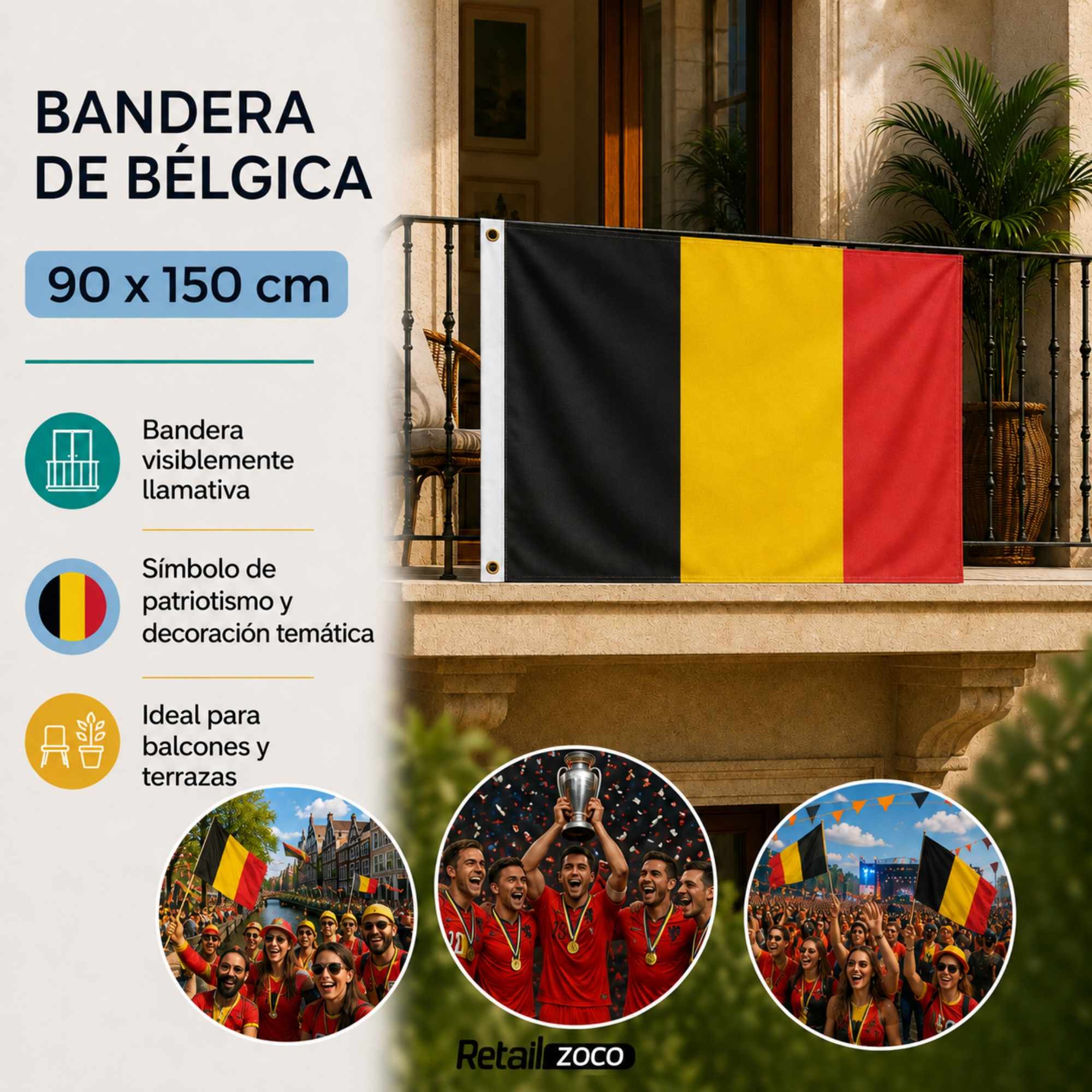 Bandera Belgica grande para Exterior 90x150cm con 2 ojales - imagen 3