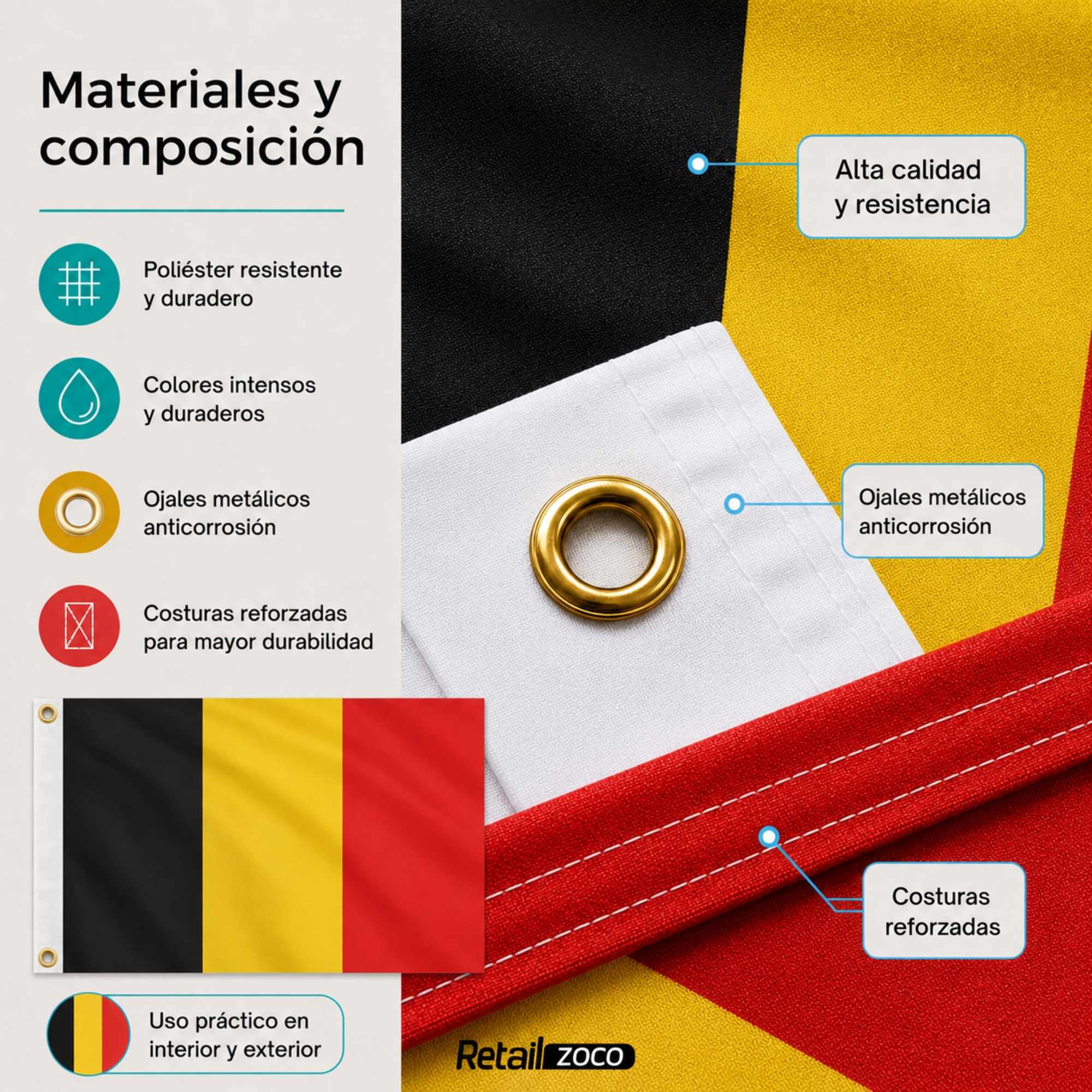 Bandera Belgica grande para Exterior 90x150cm con 2 ojales - imagen 5