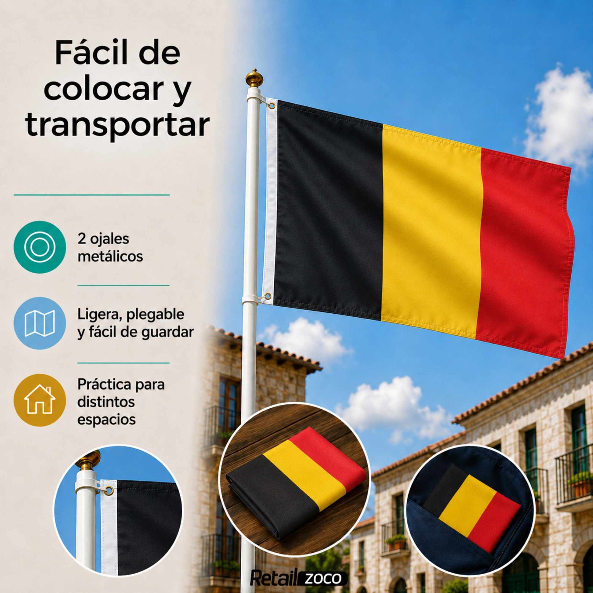 Bandera Belgica grande para Exterior 90x150cm con 2 ojales - imagen 6