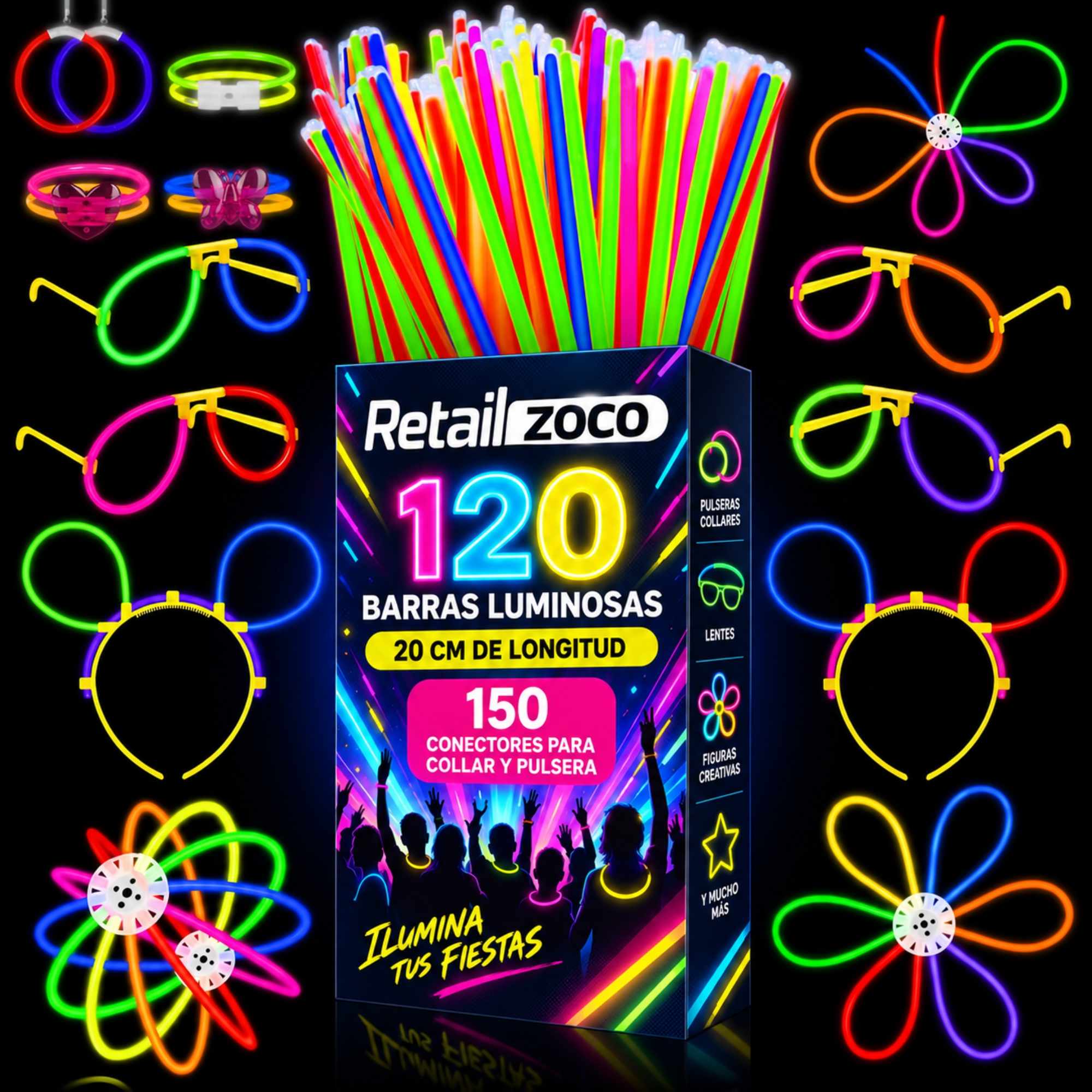 Barras Pulseras Luminosas 120 unidades de 8 colores