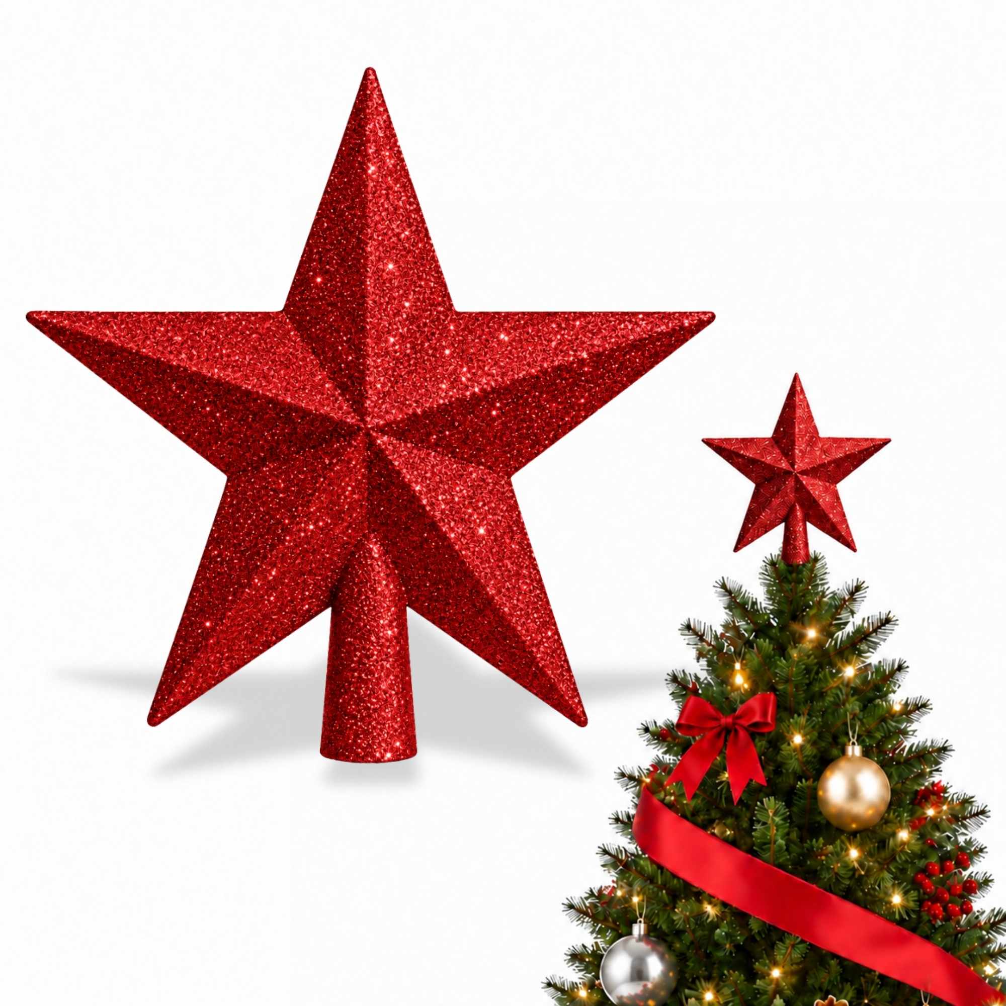 Estrella de Navidad Punta de Árbol 19 cm Rojo con purpurina - imagen 1