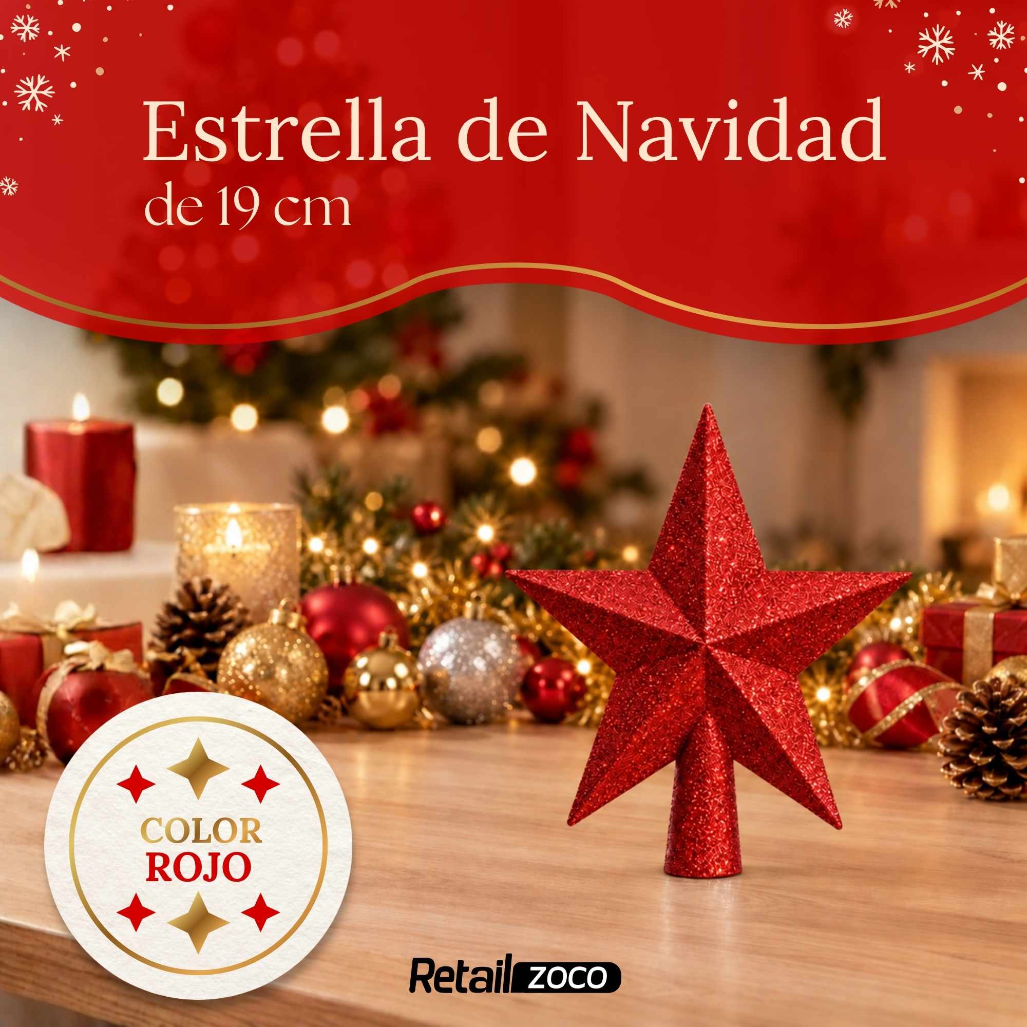 Estrella de Navidad Punta de Árbol 19 cm Rojo con purpurina - imagen 2