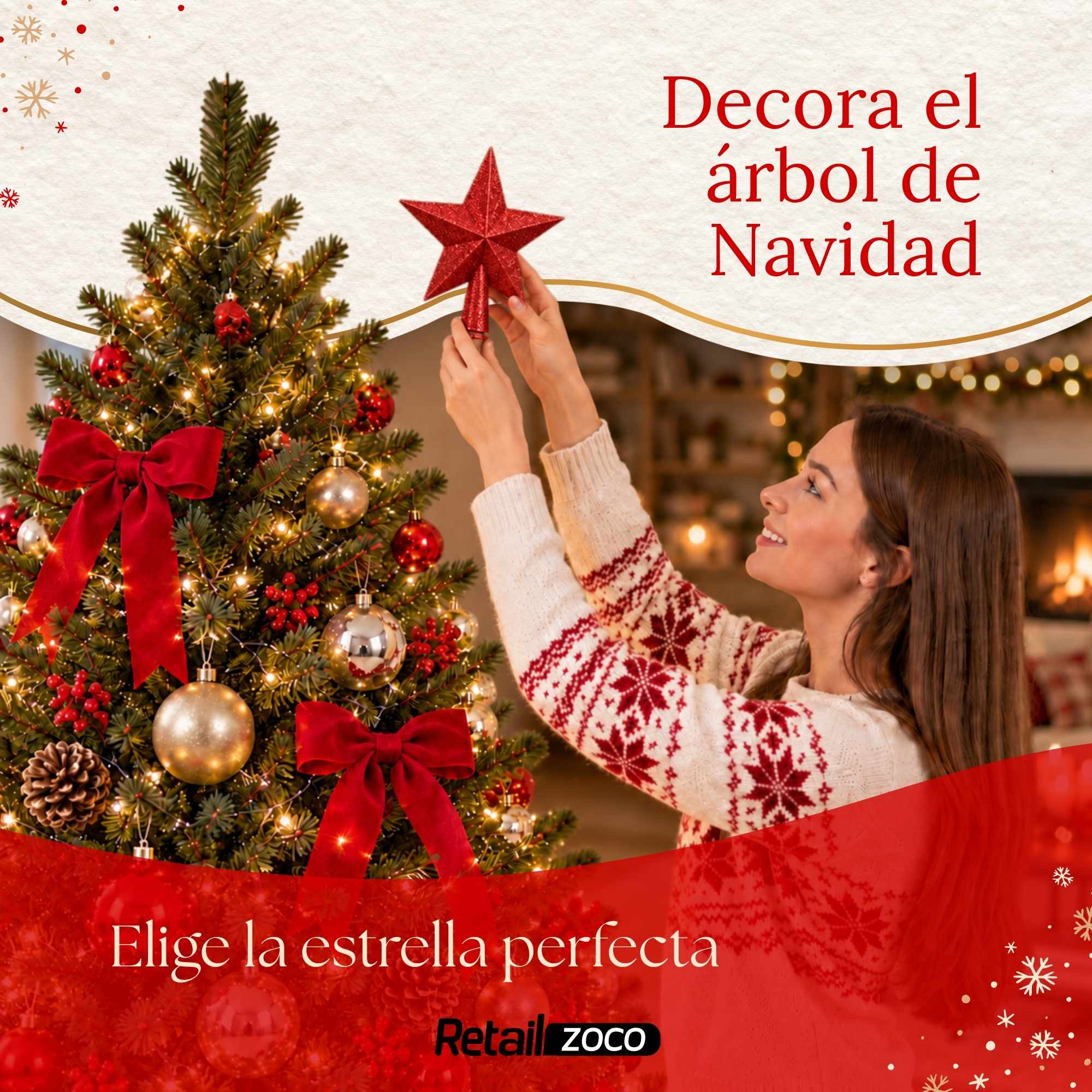 Estrella de Navidad Punta de Árbol 19 cm Rojo con purpurina - imagen 3
