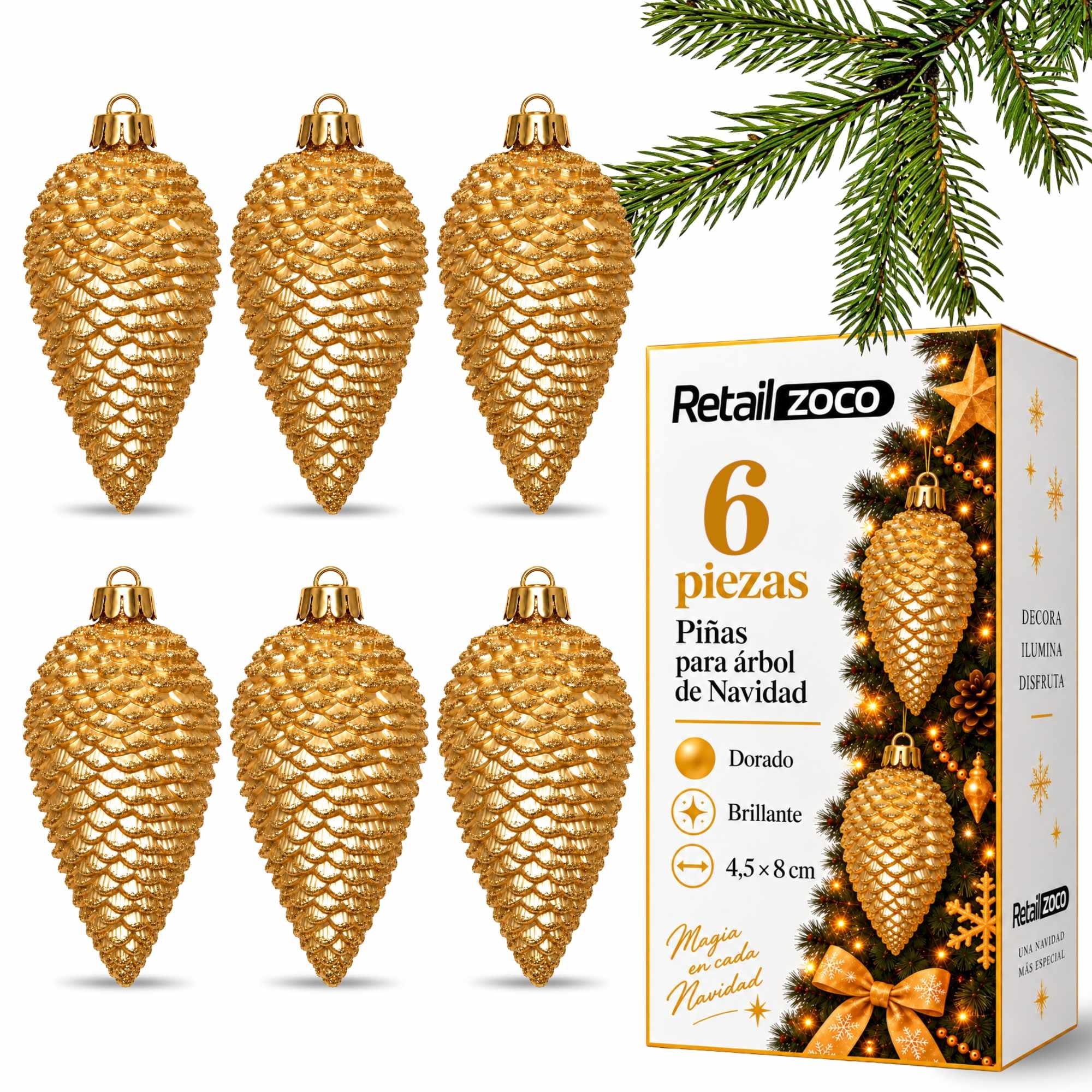 Pack 6 Piñas decorativas arbol de navidad doradas - imagen 1