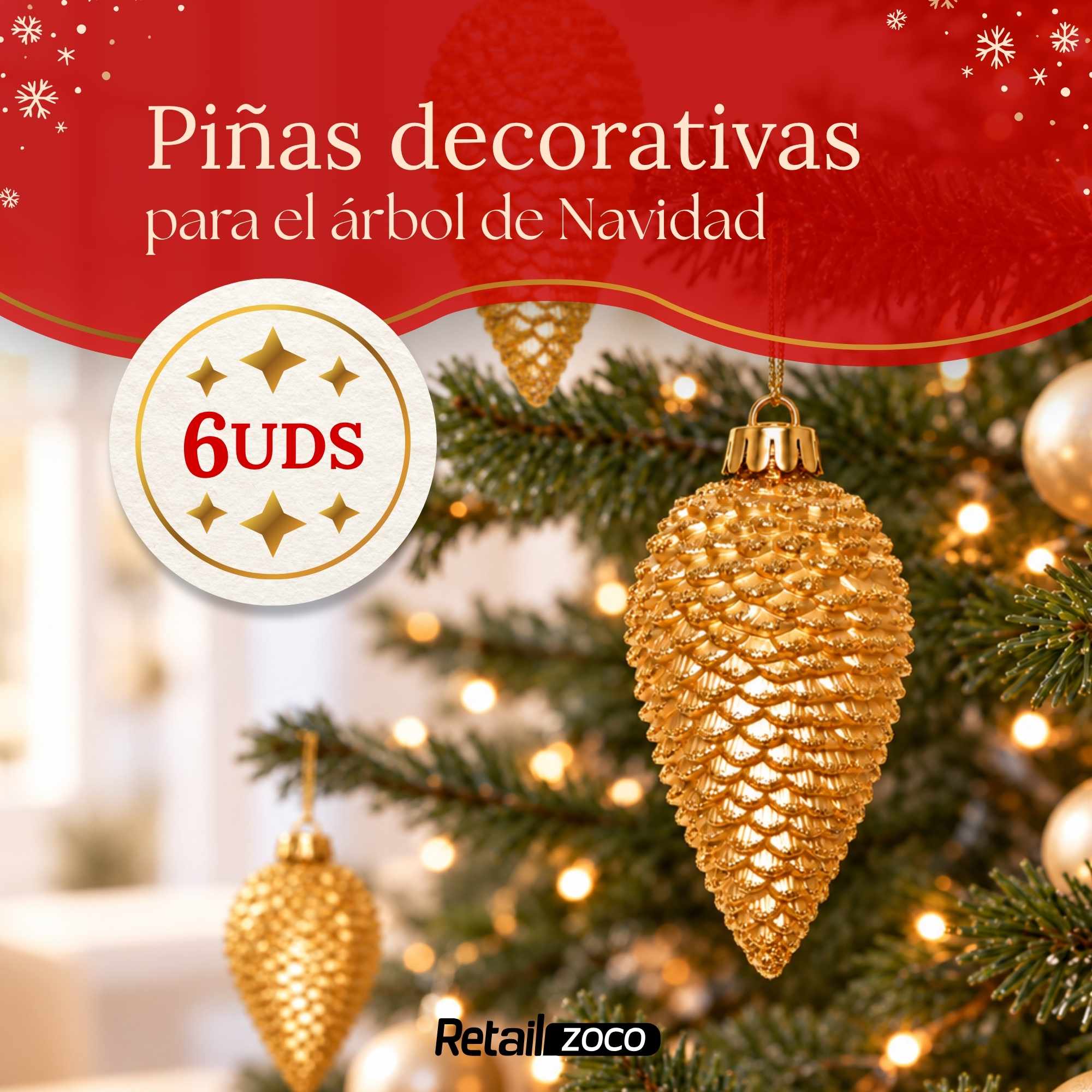 Pack 6 Piñas decorativas arbol de navidad doradas - imagen 2