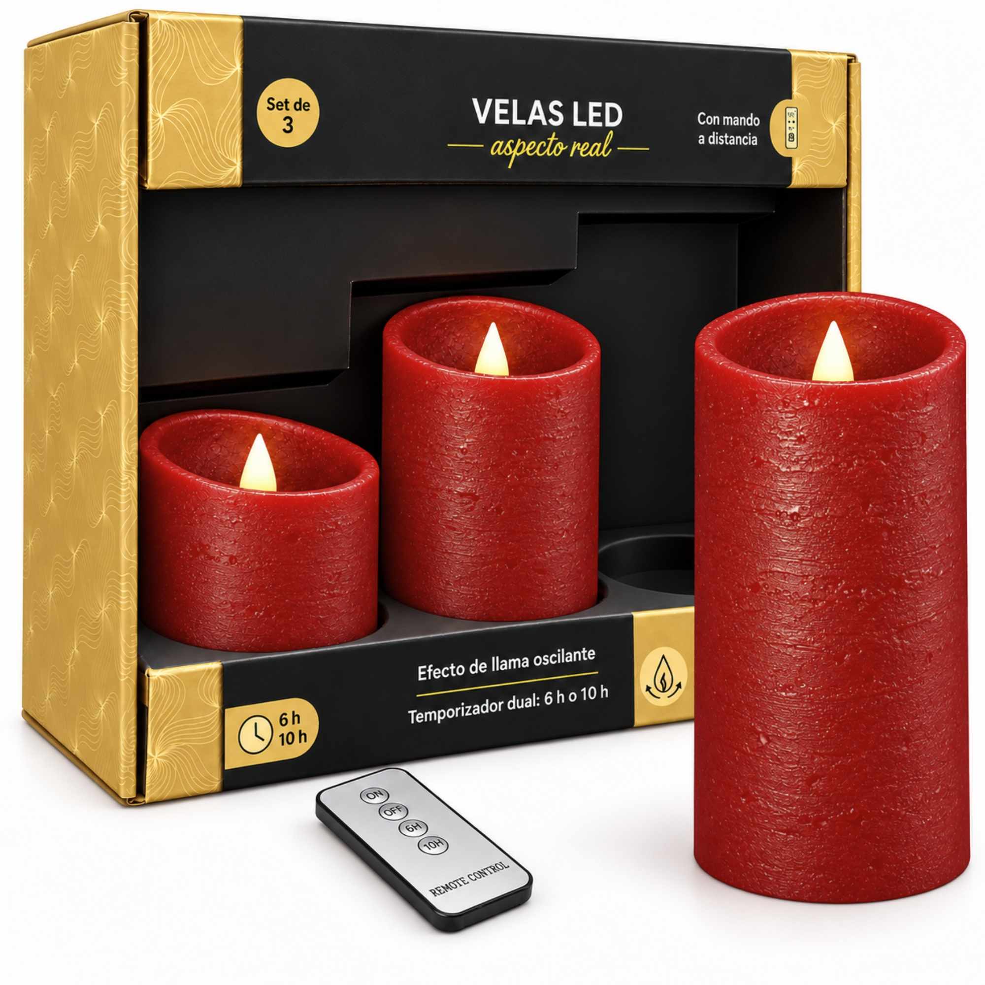 Pack 3 Velas LED Efecto Llama con Mando a Distancia color Rojo Oscuro - imagen 1