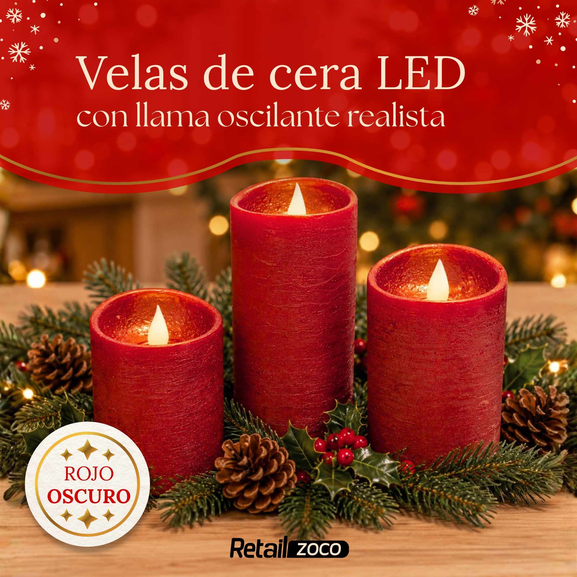 Pack 3 Velas LED Efecto Llama con Mando a Distancia color Rojo Oscuro - imagen 2