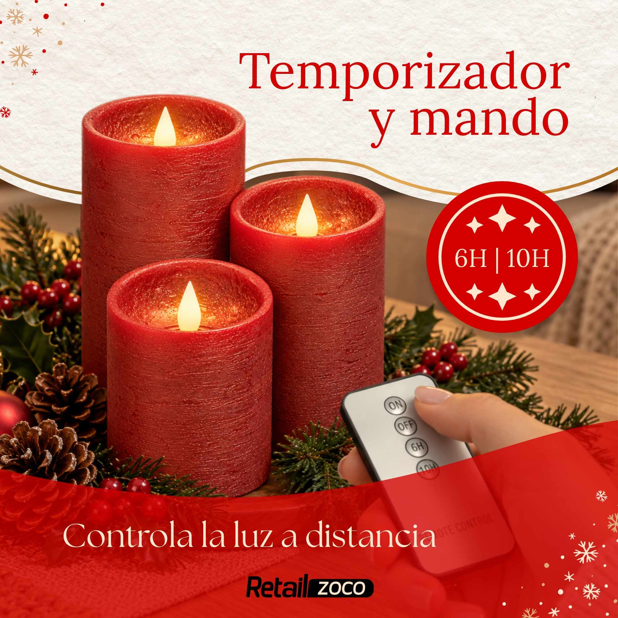 Pack 3 Velas LED Efecto Llama con Mando a Distancia color Rojo Oscuro - imagen 3