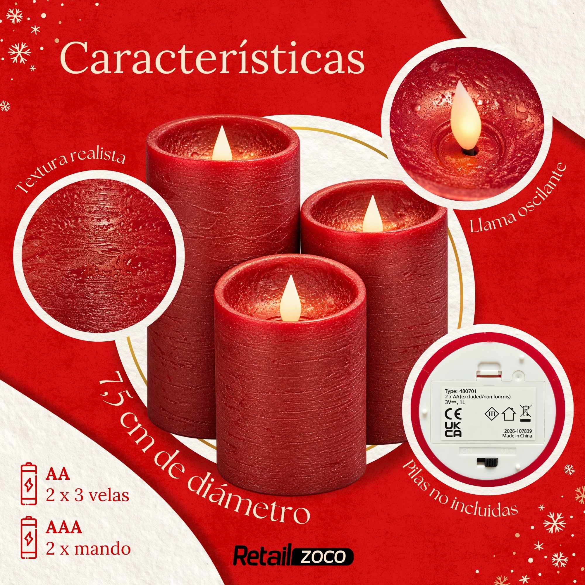 Pack 3 Velas LED Efecto Llama con Mando a Distancia color Rojo Oscuro - imagen 4